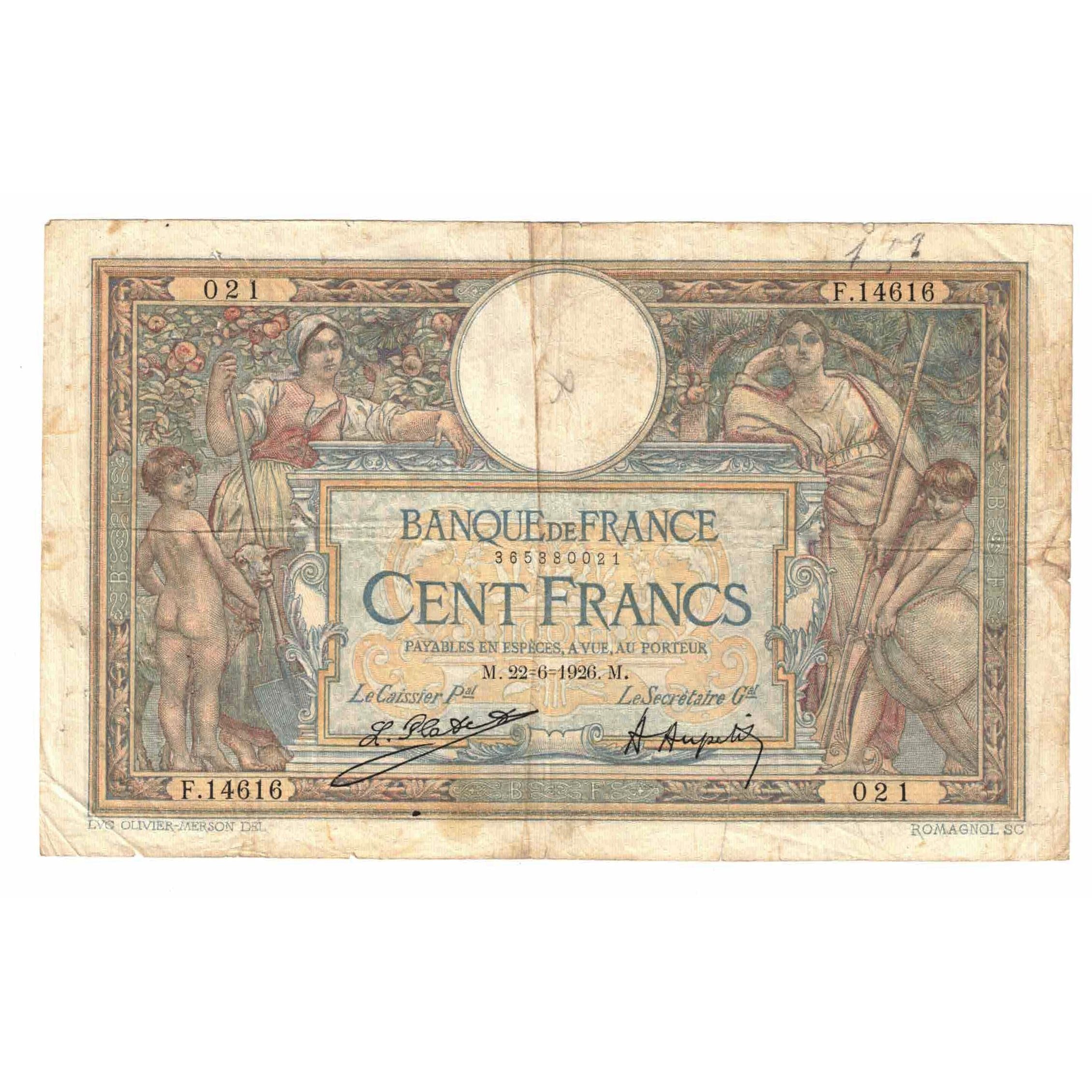 Francia, 100 Francs, Luc Olivier Merson, 1926, F.14616, BC, Fayette:24.4, KM:78a