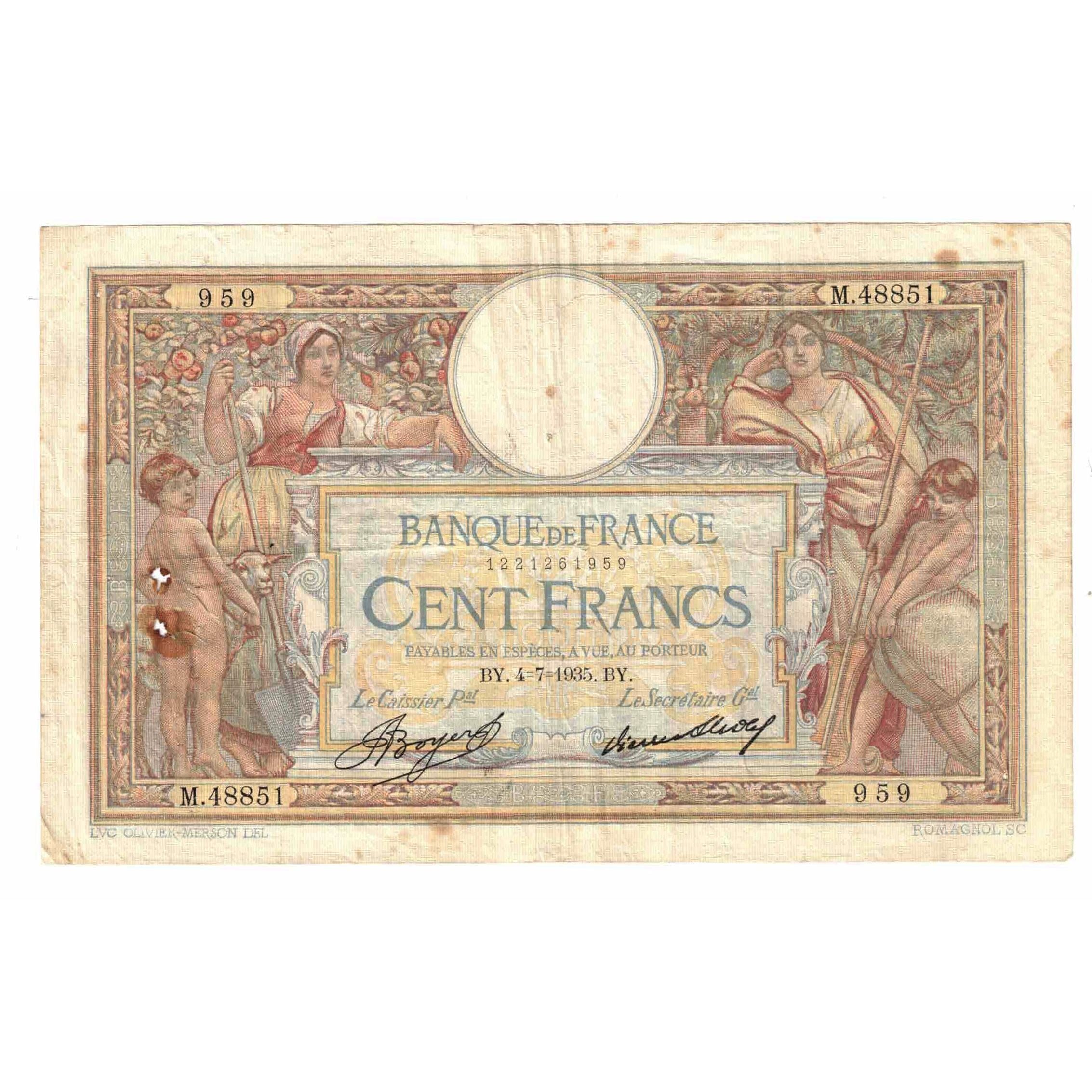 Frankrijk, 100 Francs, Luc Olivier Merson, 1935, M.48851, TB, Fayette:24.14