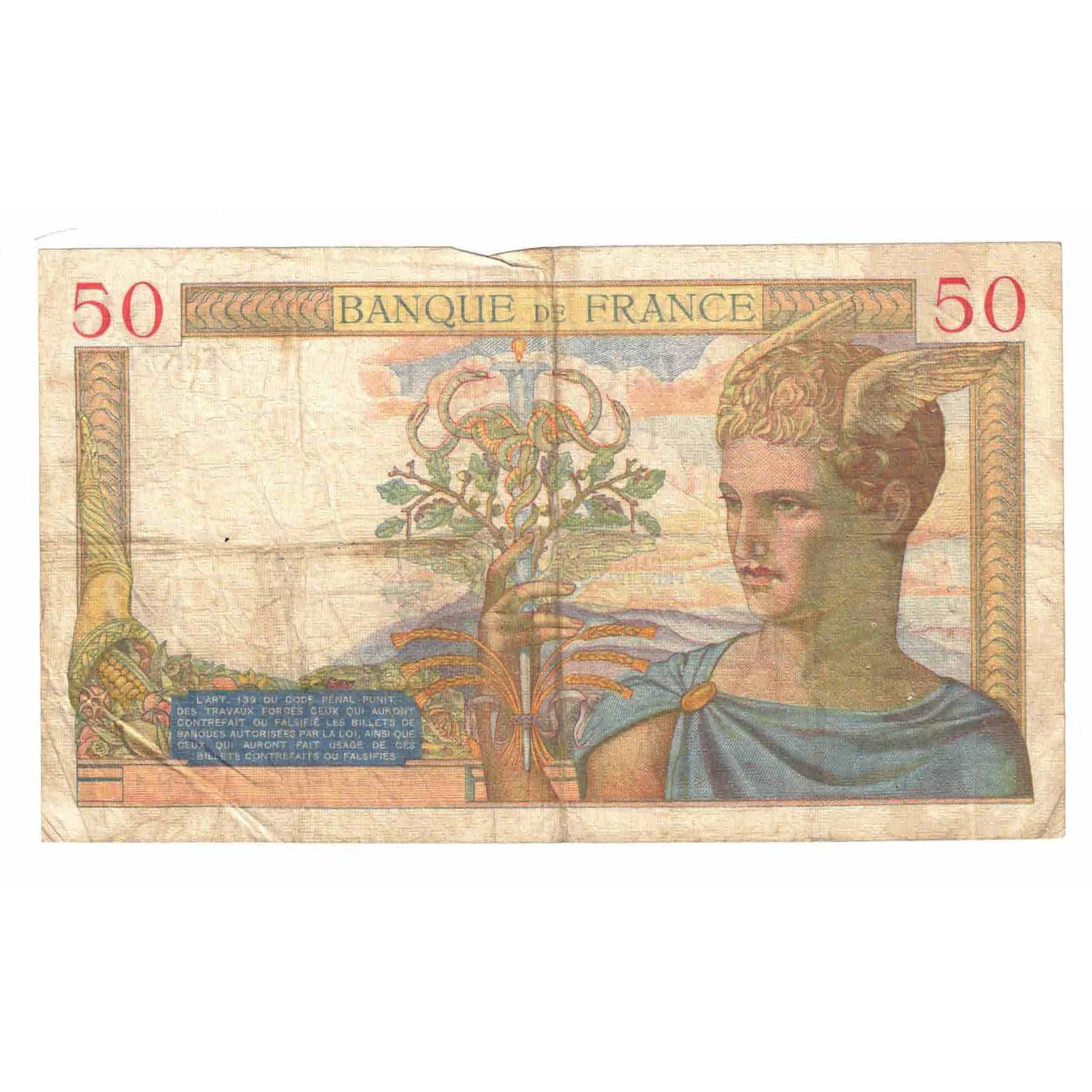 França, 50 Francs, Cérès, 1935, E.2779, VF(20-25), Fayette:17.15, KM:81