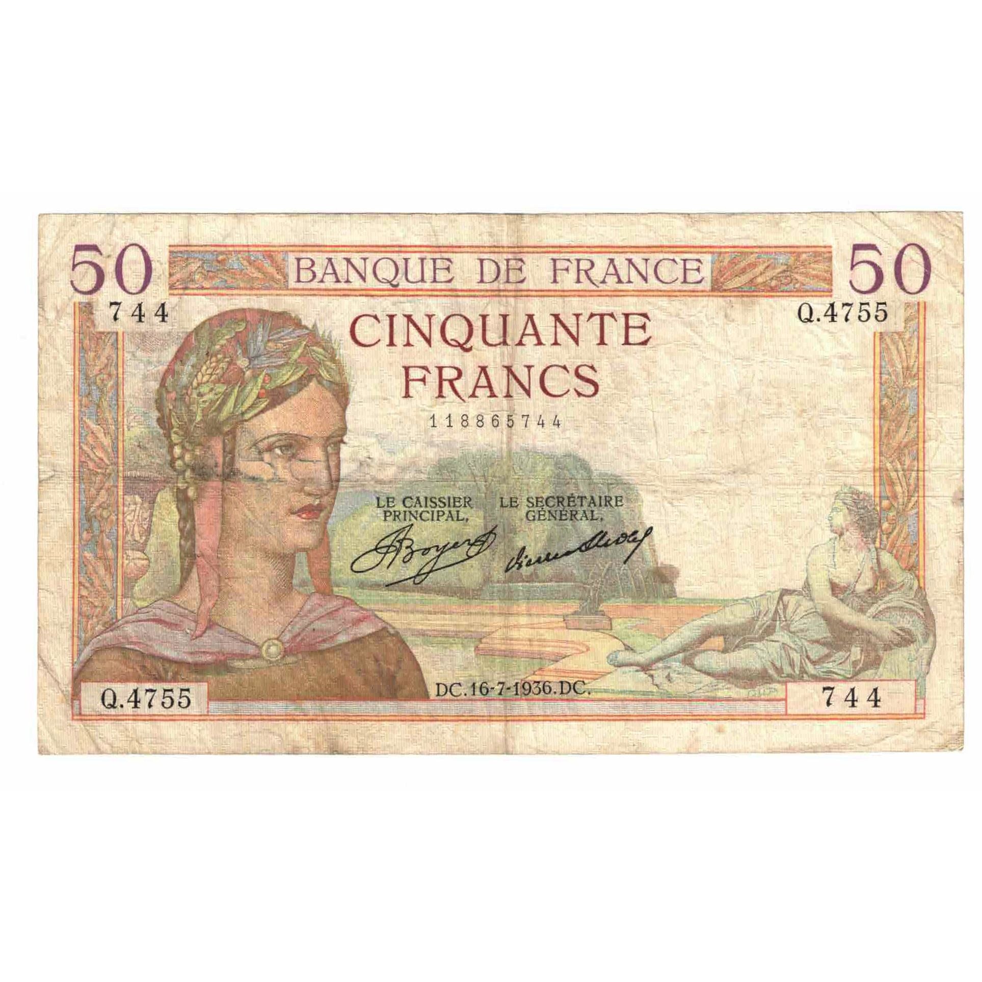 France, 50 Francs, Cérès, 1936, Q.4755, VF(20-25), Fayette:17.28, KM:81