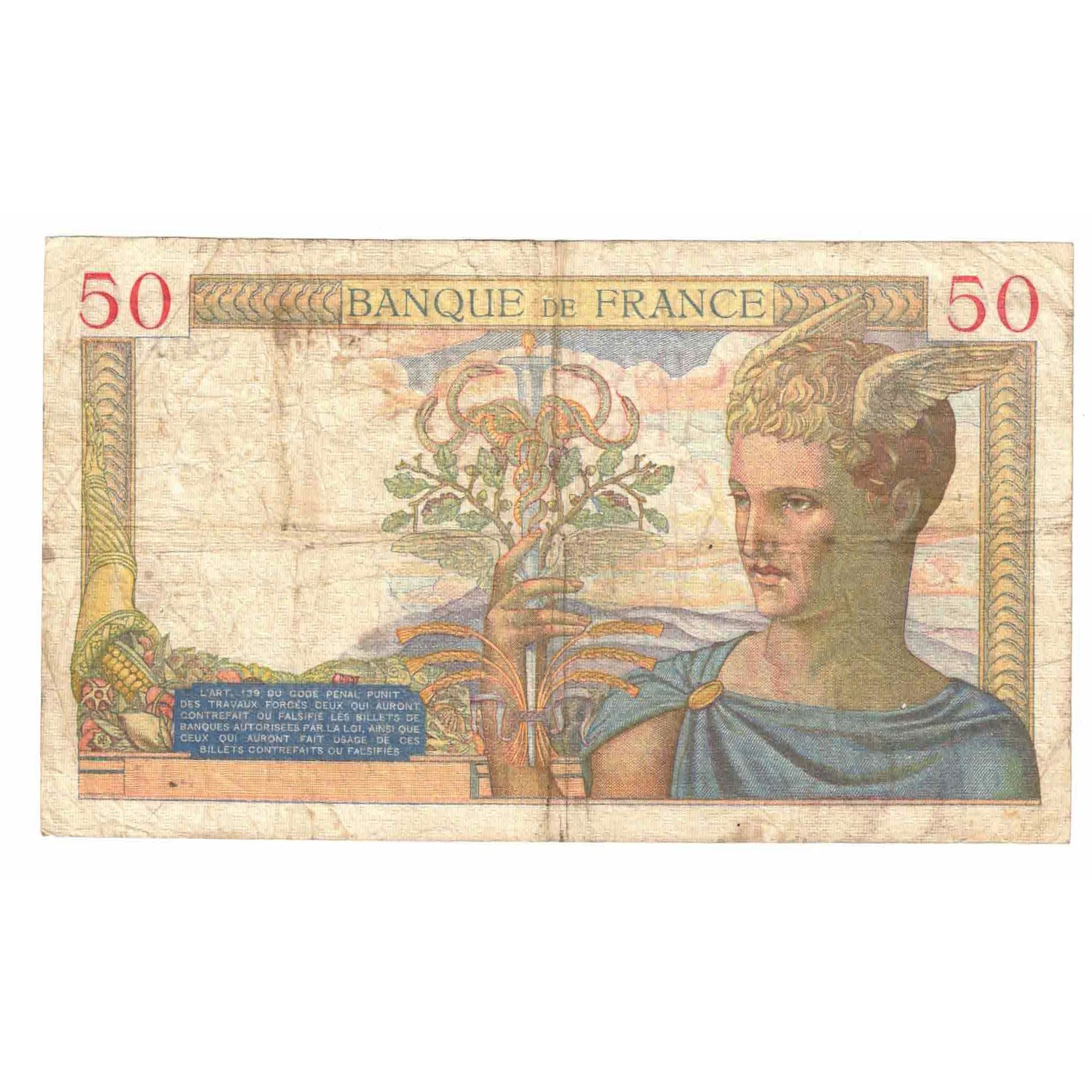 France, 50 Francs, Cérès, 1936, Q.4755, VF(20-25), Fayette:17.28, KM:81