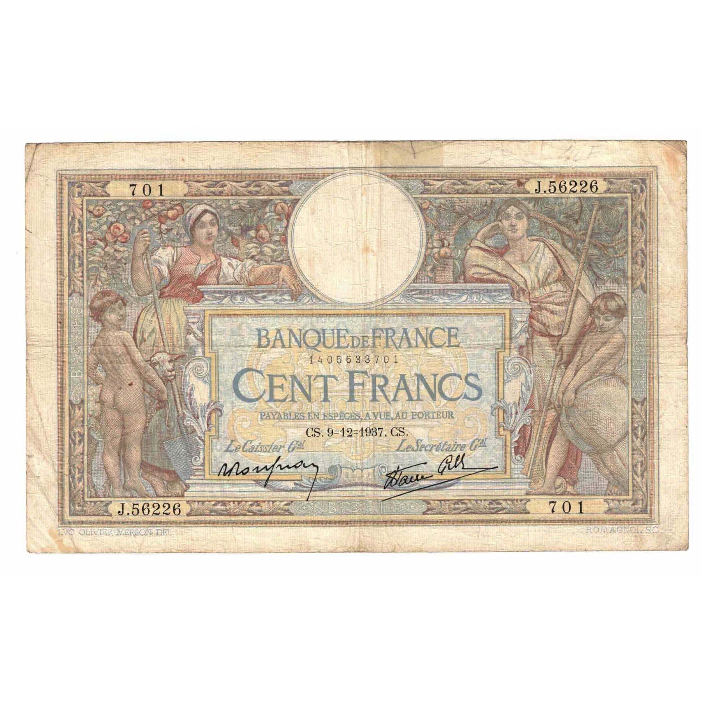 France, 100 Francs, Luc Olivier Merson, 1937, J.56226, VG(8-10), Fayette:25.05
