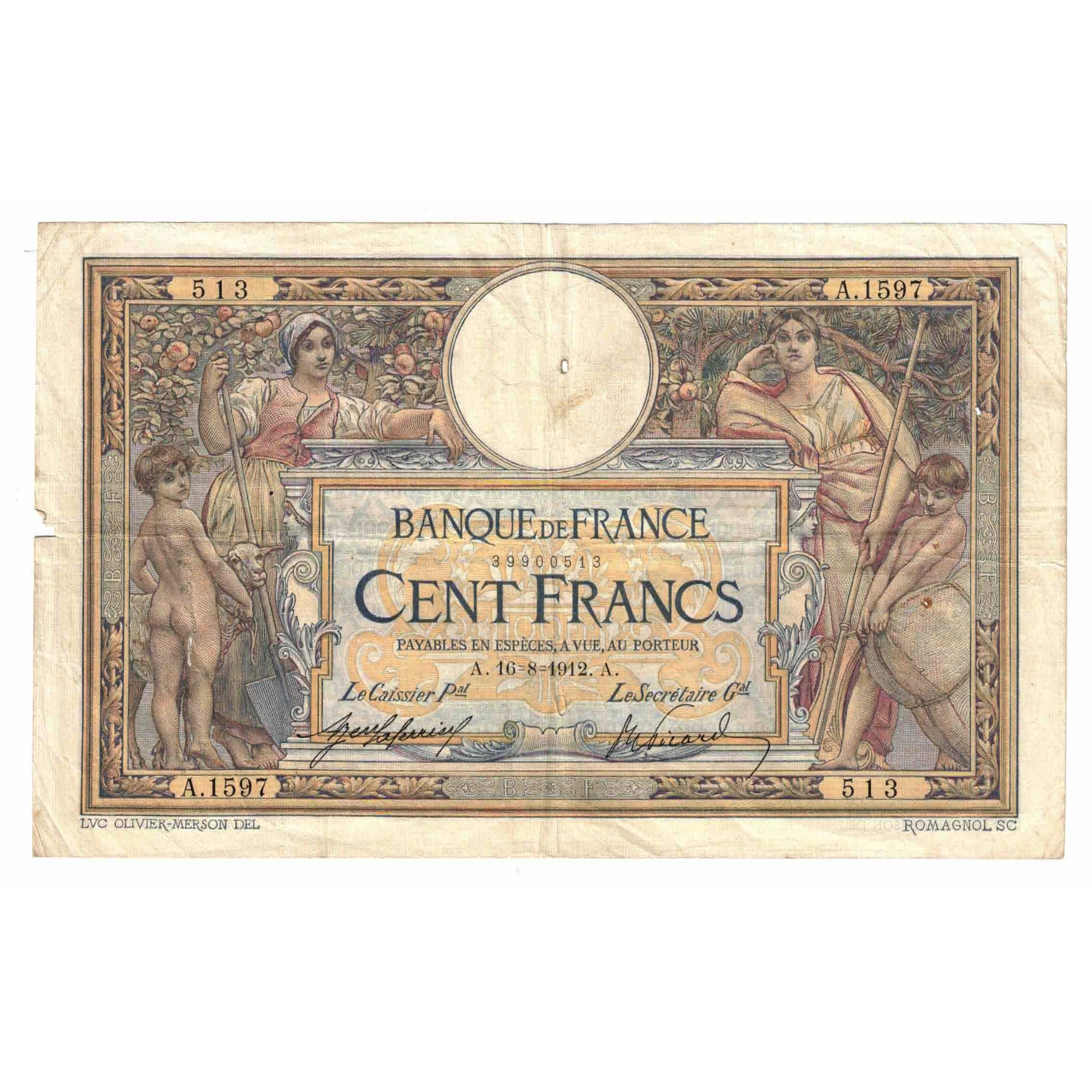 France, 100 Francs, Luc Olivier Merson, 1912, A.1597, F(12-15), Fayette:23.04