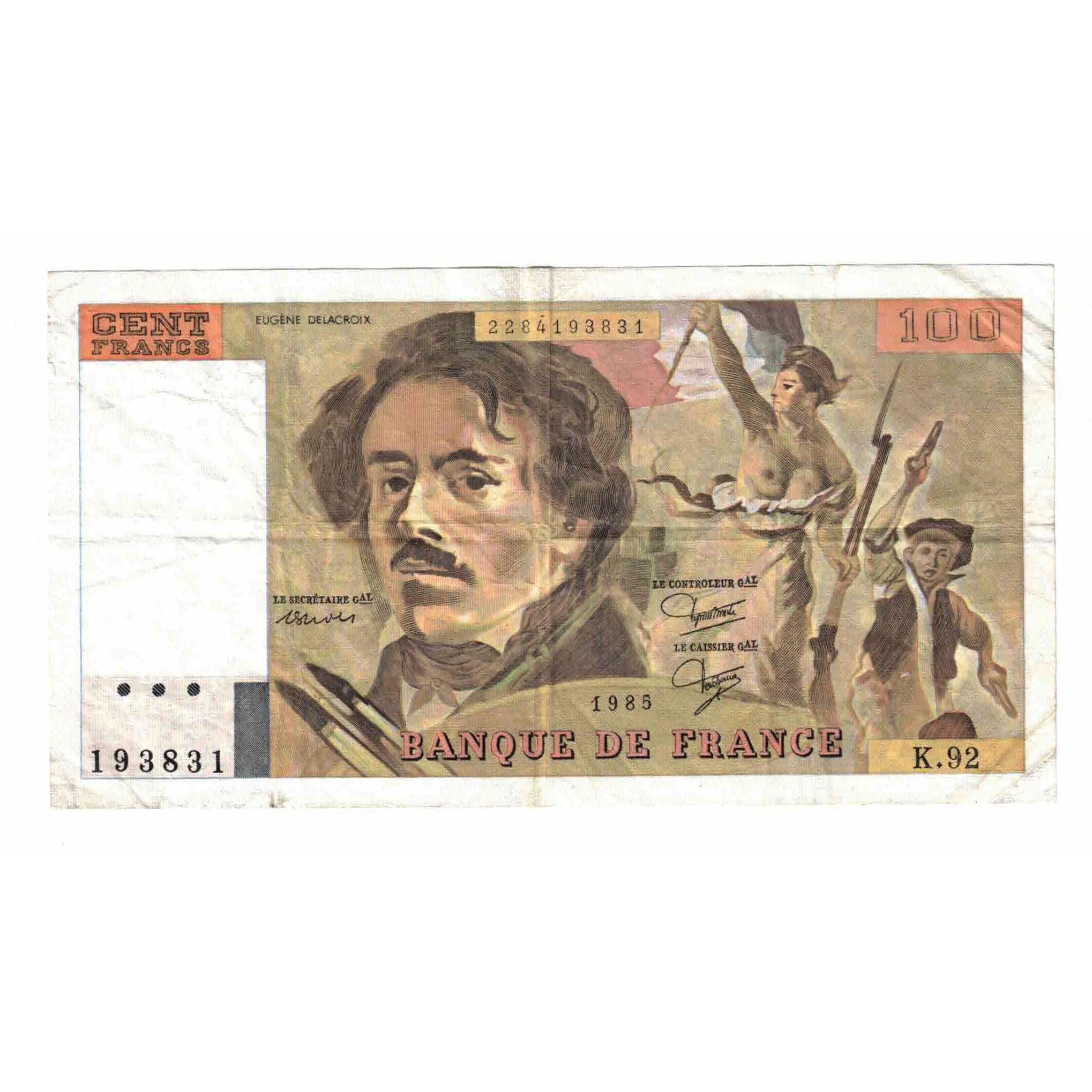 France, 100 Francs, Delacroix, 1985, K.92, EF(40-45), Fayette:69.09, KM:154b