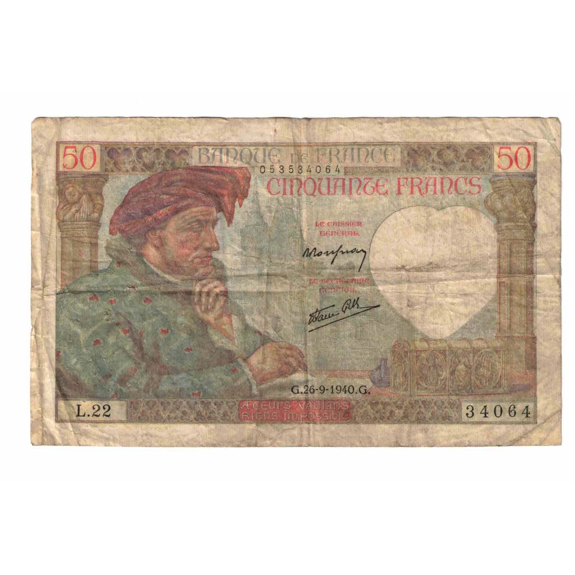 France, 50 Francs, Jacques Coeur, 1940, L.22, VF(20-25), Fayette:19.3, KM:93