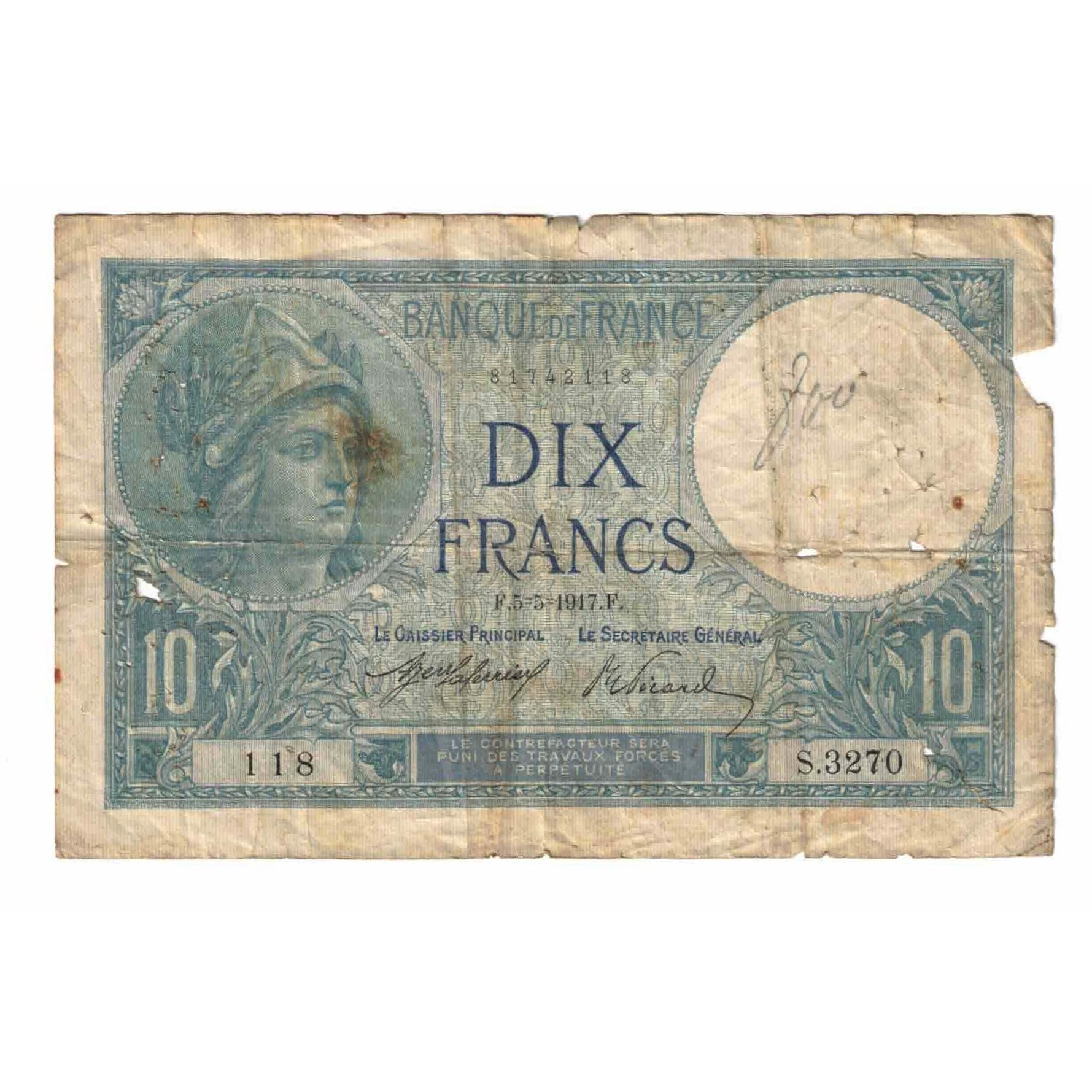 Francia, 10 Francs, Minerve, 1917, S.3270, D, Fayette:06.02, KM:73a