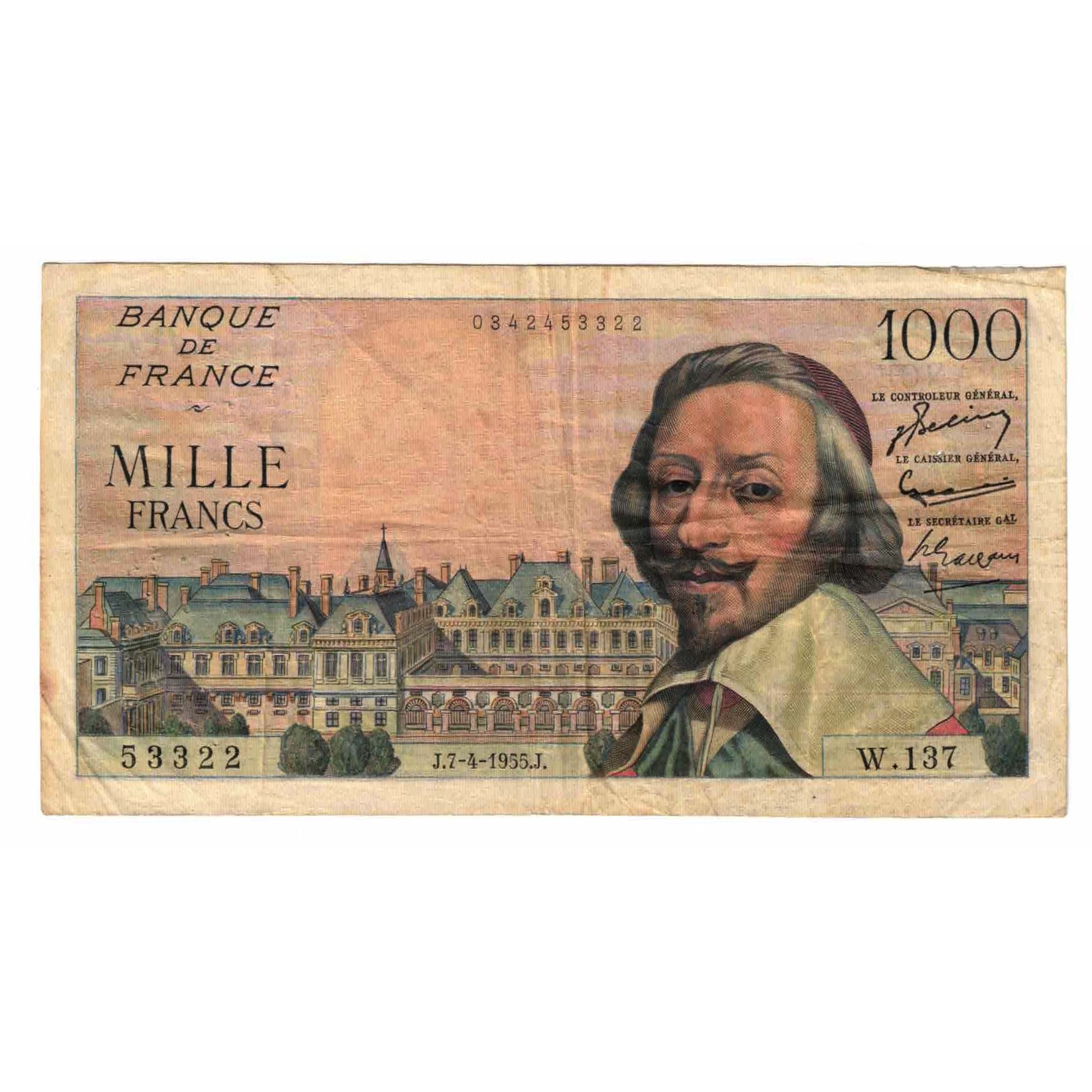 Frankrijk, 1000 Francs, Richelieu, 1955, W.137, TTB, Fayette:42.12, KM:134a
