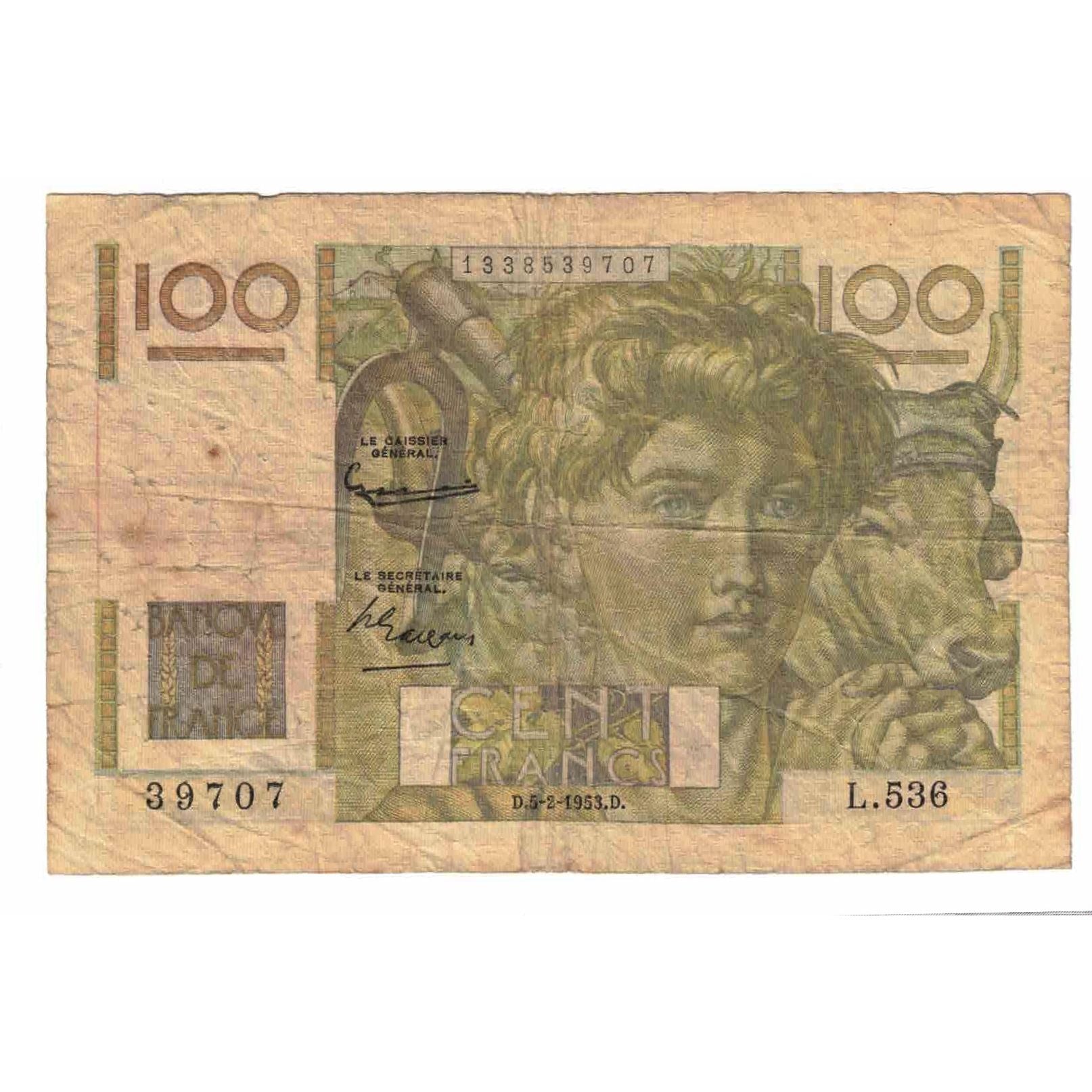 França, 100 Francs, Jeune Paysan, 1953, L.536, VG(8-10), Fayette:28.36, KM:128d
