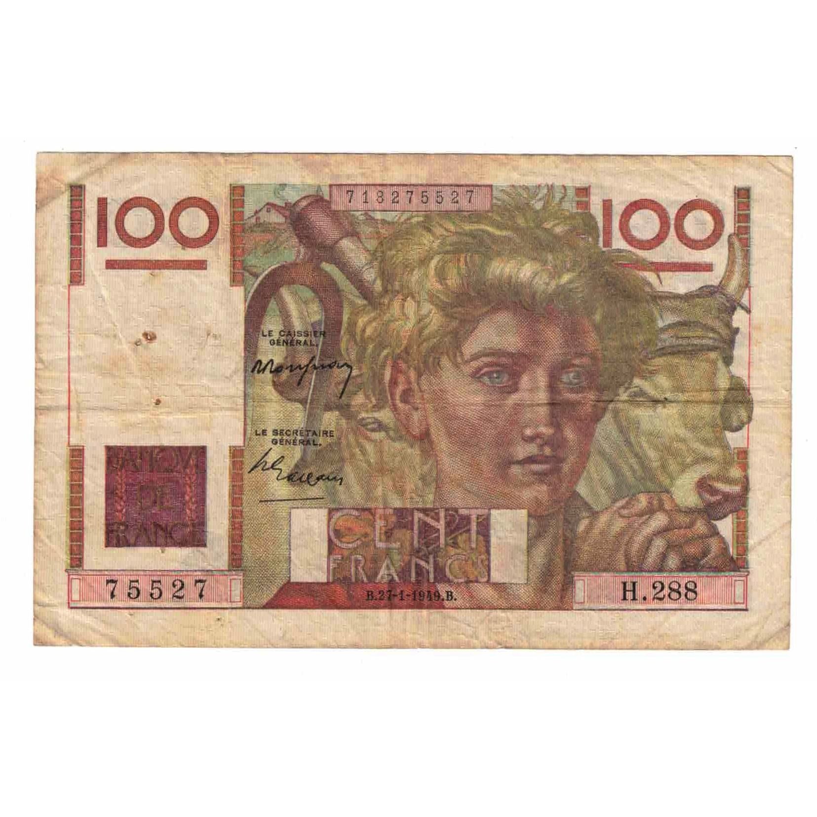 França, 100 Francs, Jeune Paysan, 1949, H.288, VG(8-10), Fayette:28.21, KM:128b