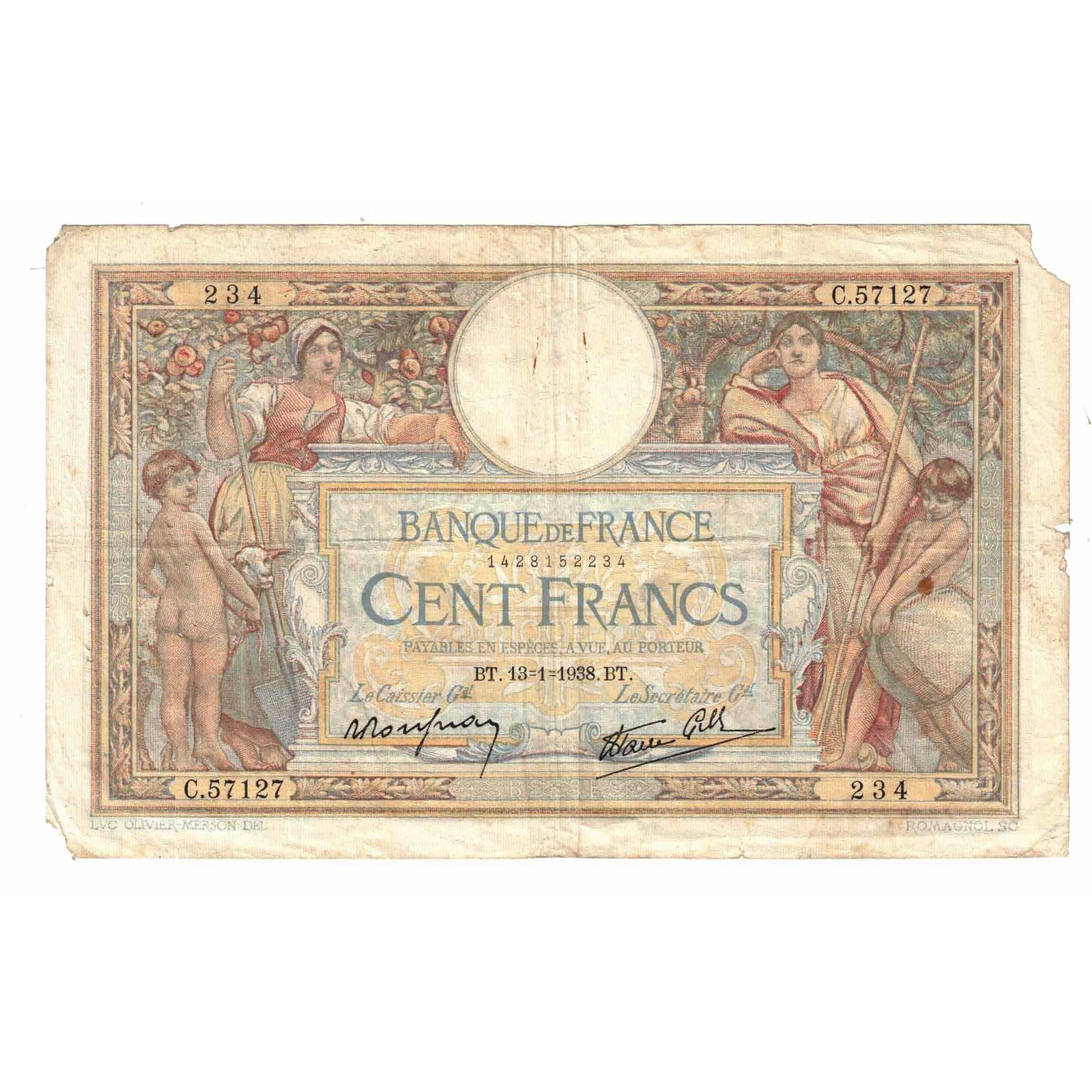France, 100 Francs, Luc Olivier Merson, 1938, C.57127, VG(8-10), Fayette:25.08