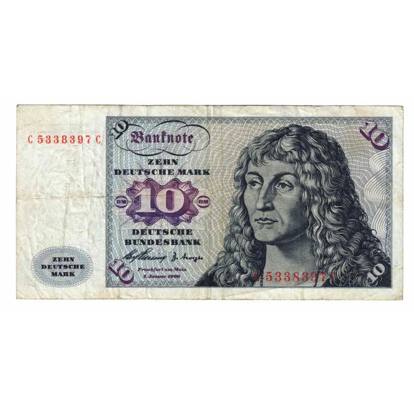 Banknot, Niemcy - RFN, 10 Deutsche Mark, 1960, 1960-01-02, KM:19a, VF(20-25)