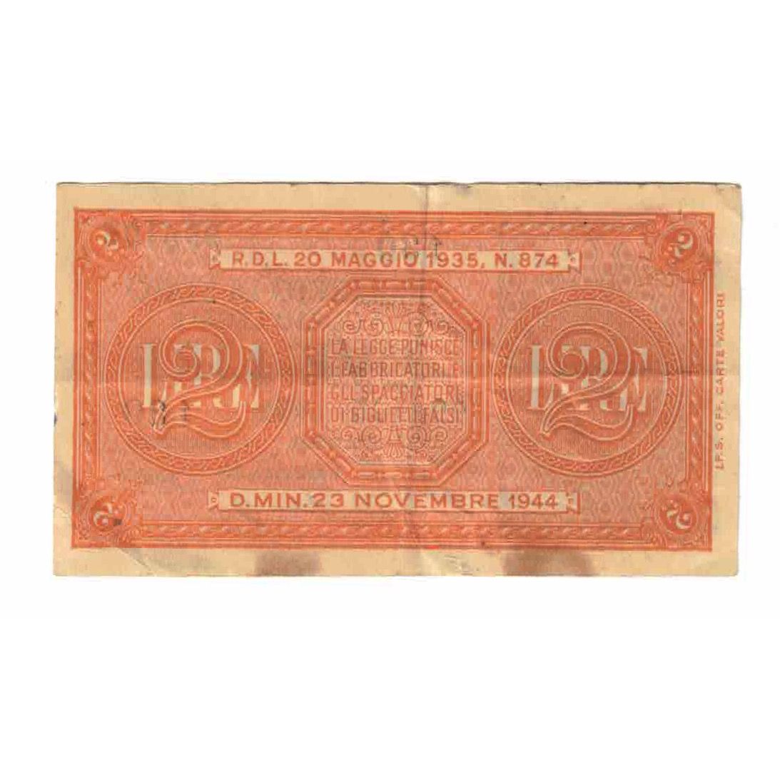 Biljet, Italië, 2 Lire, 1944, 1944-11-23, KM:30b, TTB