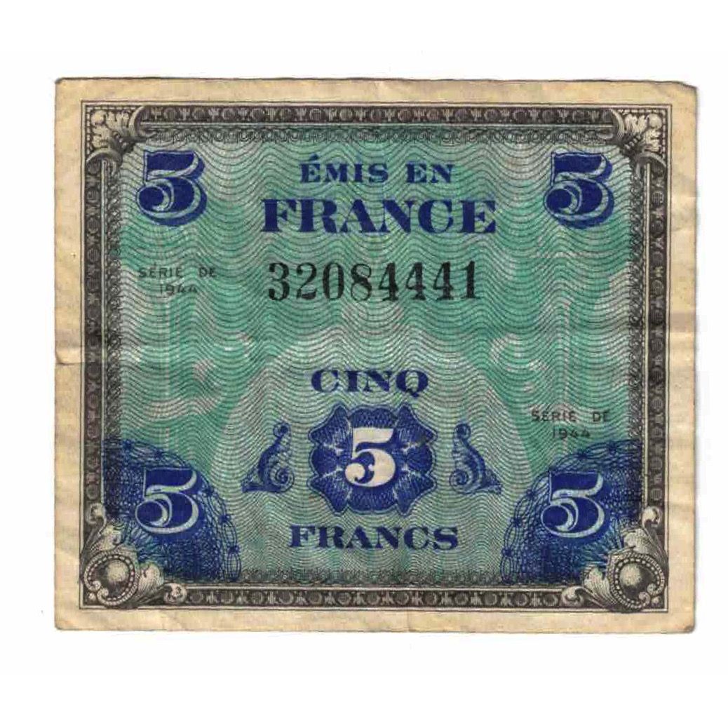France, 5 Francs, Drapeau/France, 1944, SÉRIE 1944, TB+, Fayette:VF17.1