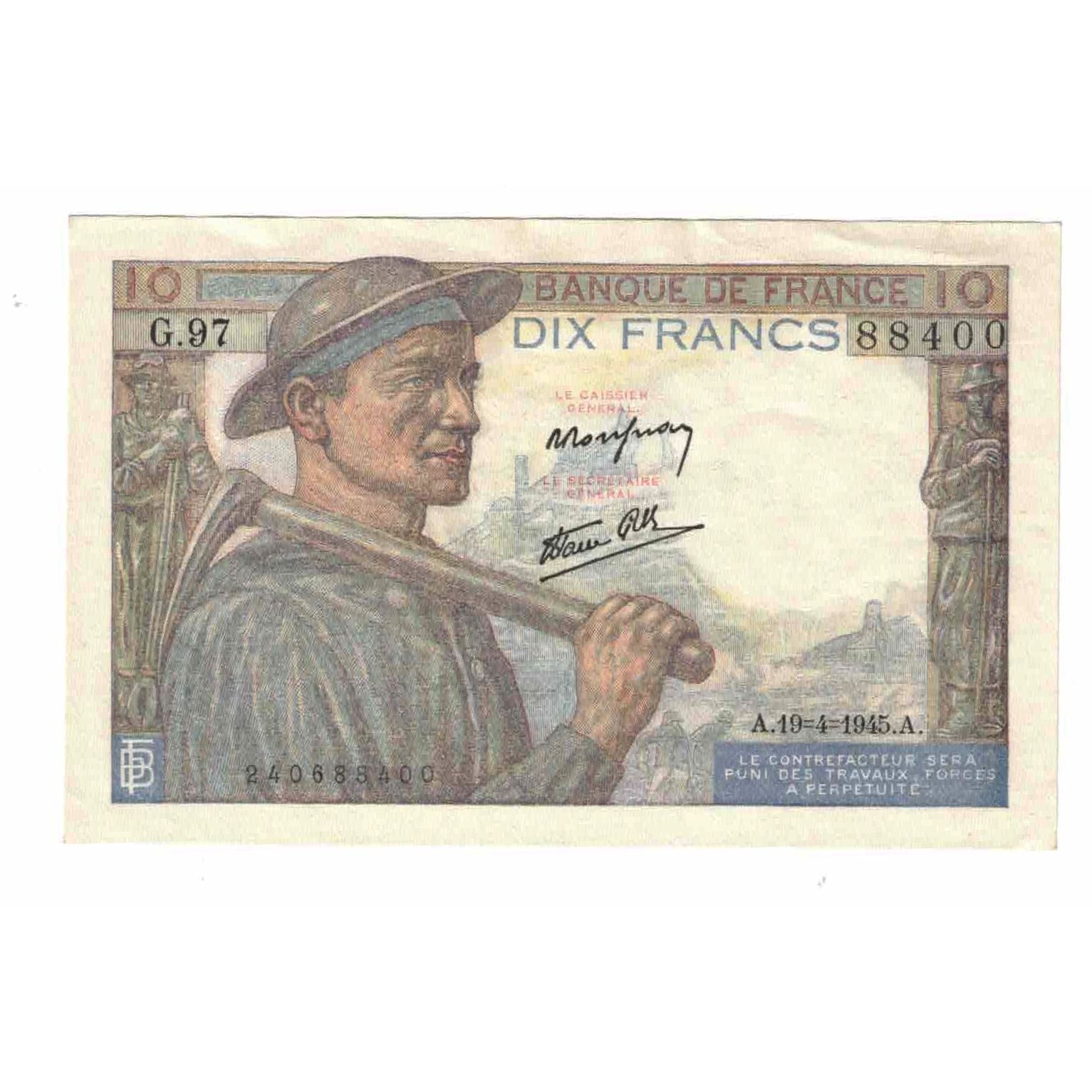 France, 10 Francs, Mineur, 1945, G.97, UNC(60-62), Fayette:8.13, KM:99b