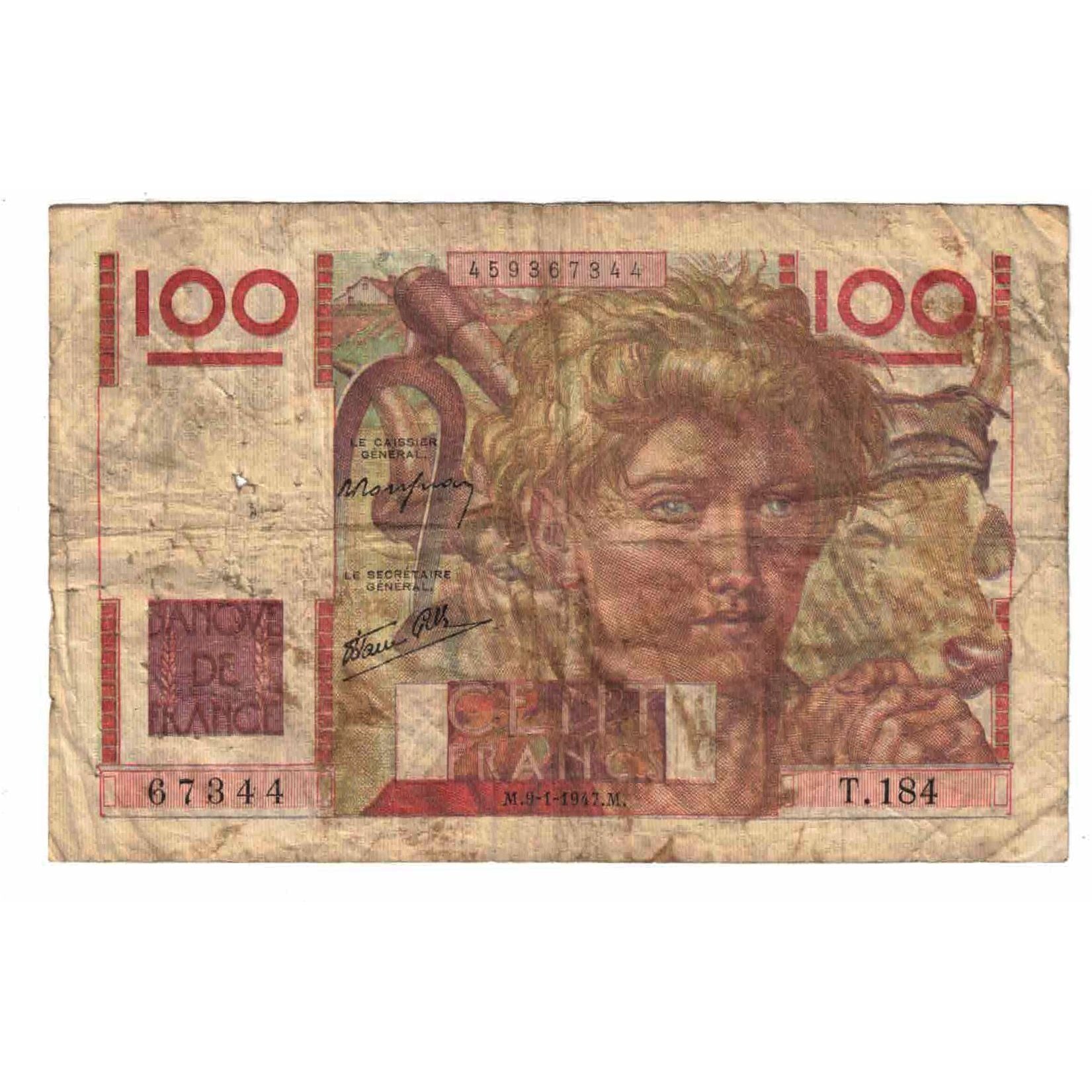 França, 100 Francs, Jeune Paysan, 1947, T.184, VG(8-10), Fayette:28.13, KM:128a