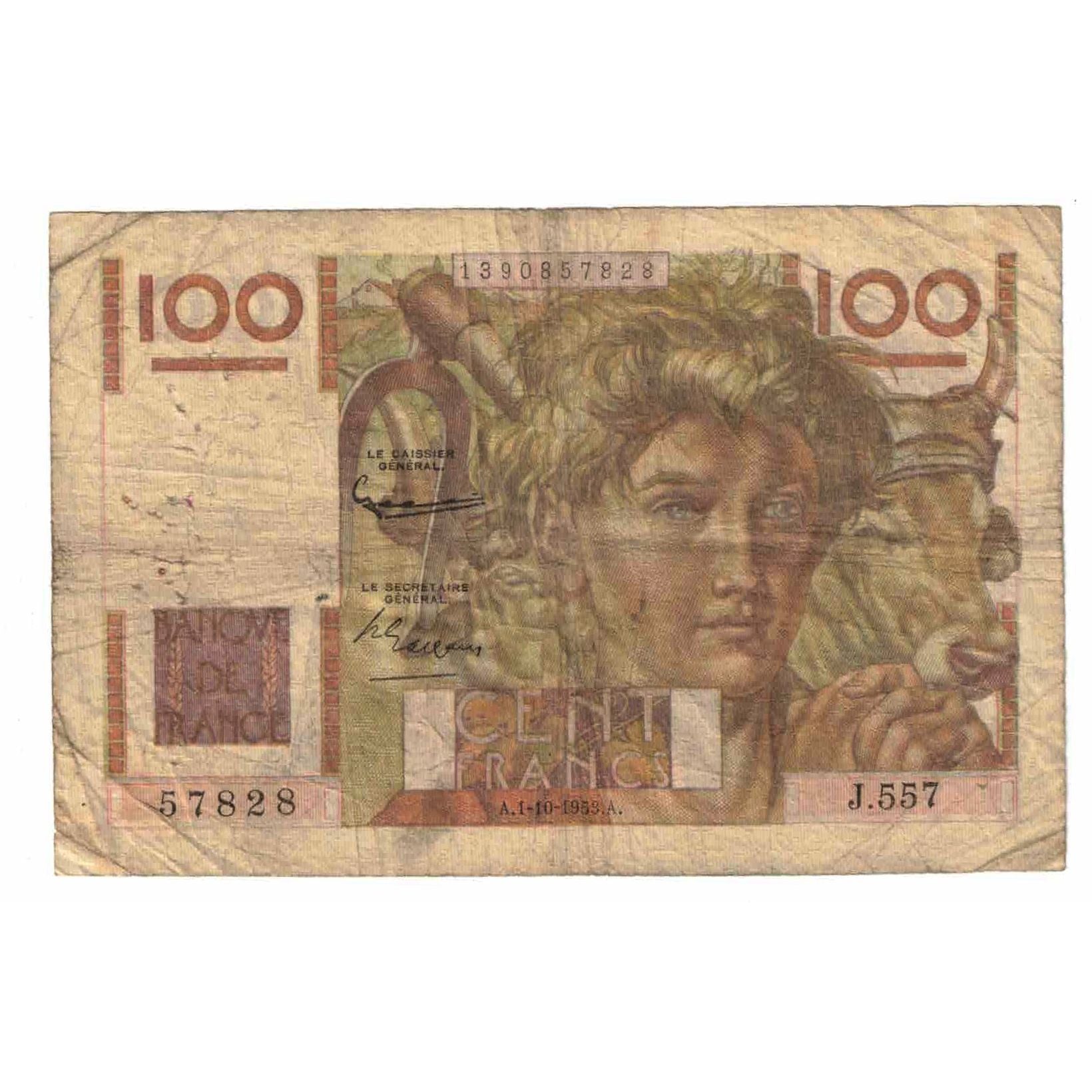 França, 100 Francs, Jeune Paysan, 1953, J.557, VG(8-10), Fayette:28bis.3
