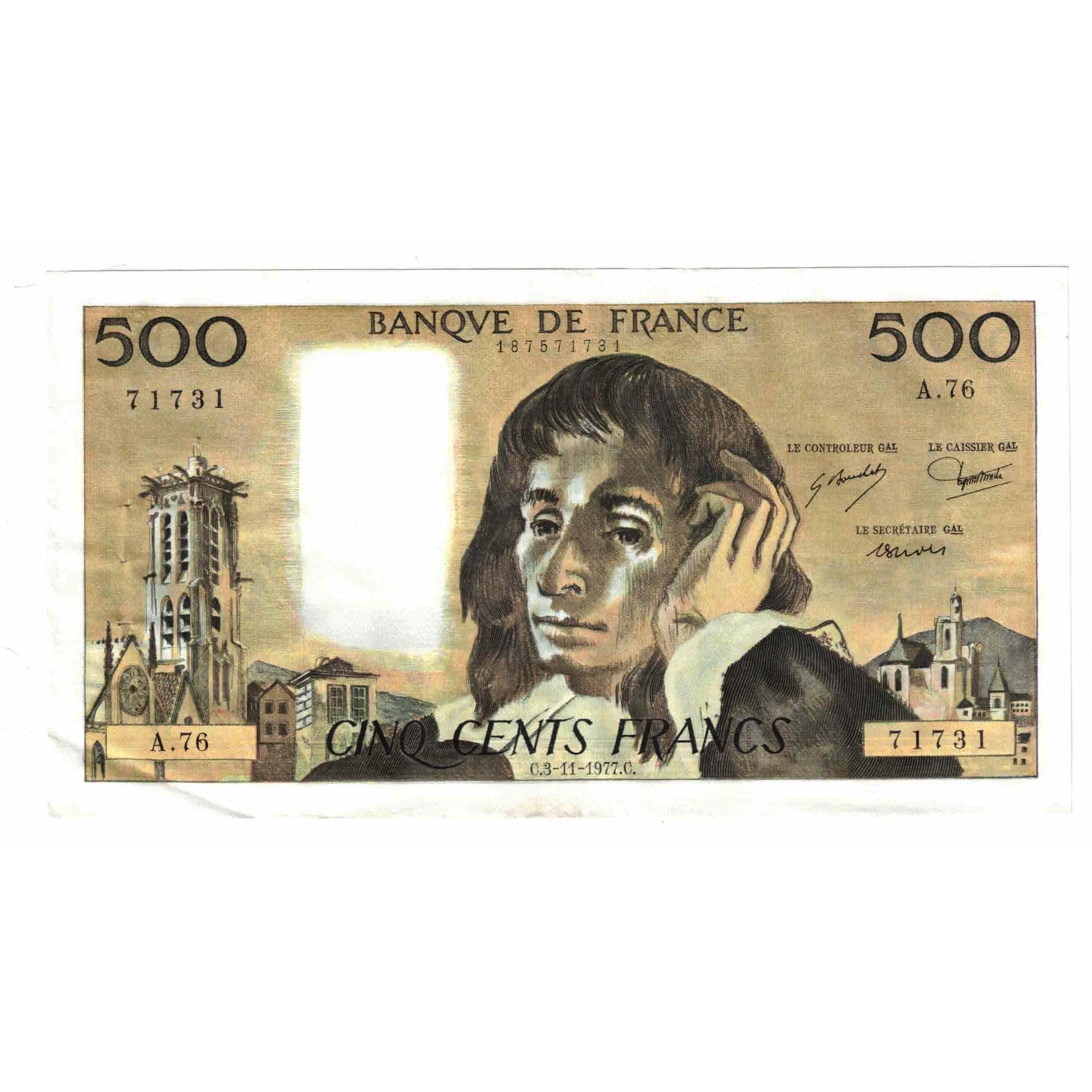 France, 500 Francs, Pascal, 1977, A.76, AU(55-58), Fayette:71.17, KM:156d