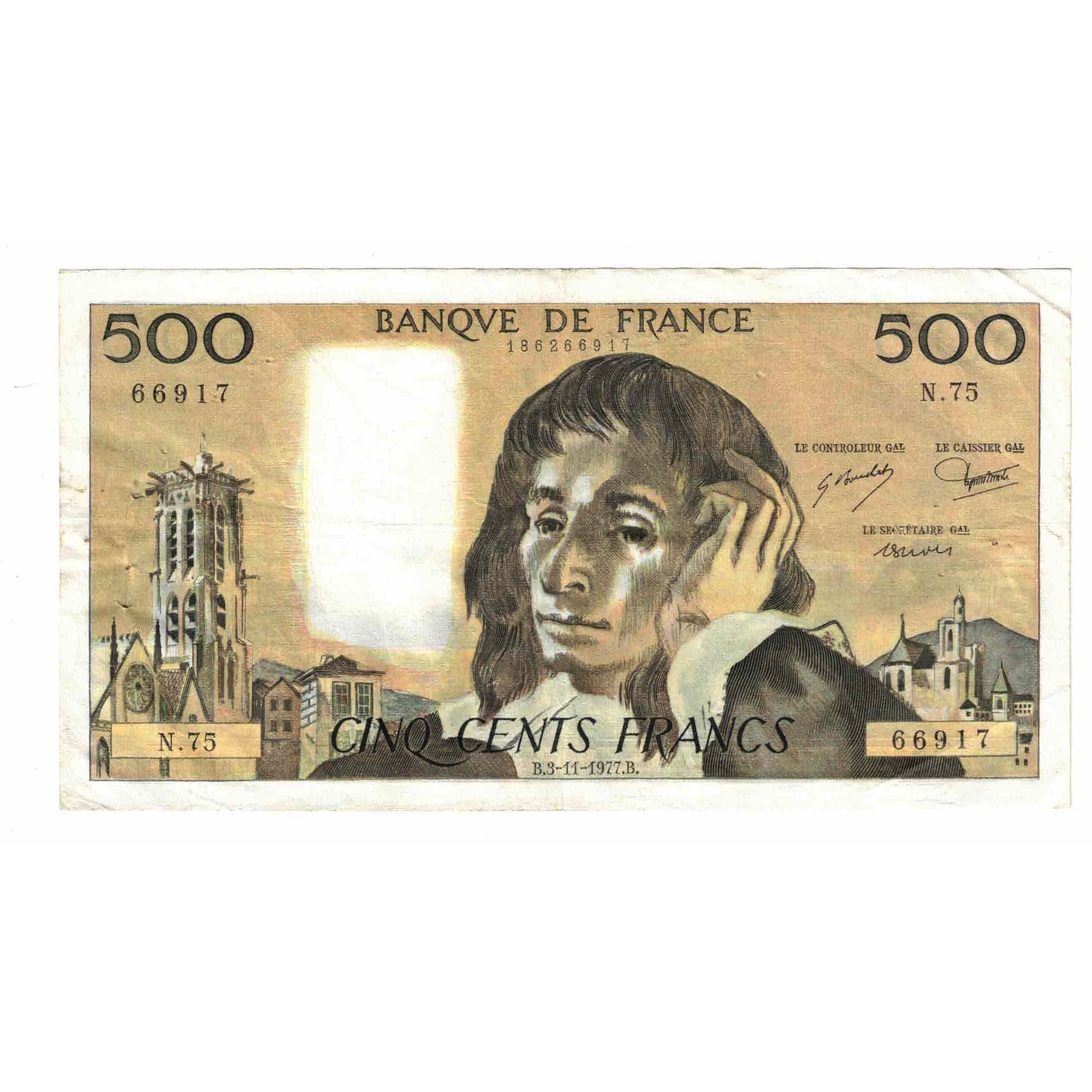 Frankreich, 500 Francs, Pascal, 1977, N.75, SS+, Fayette:71.17, KM:156d