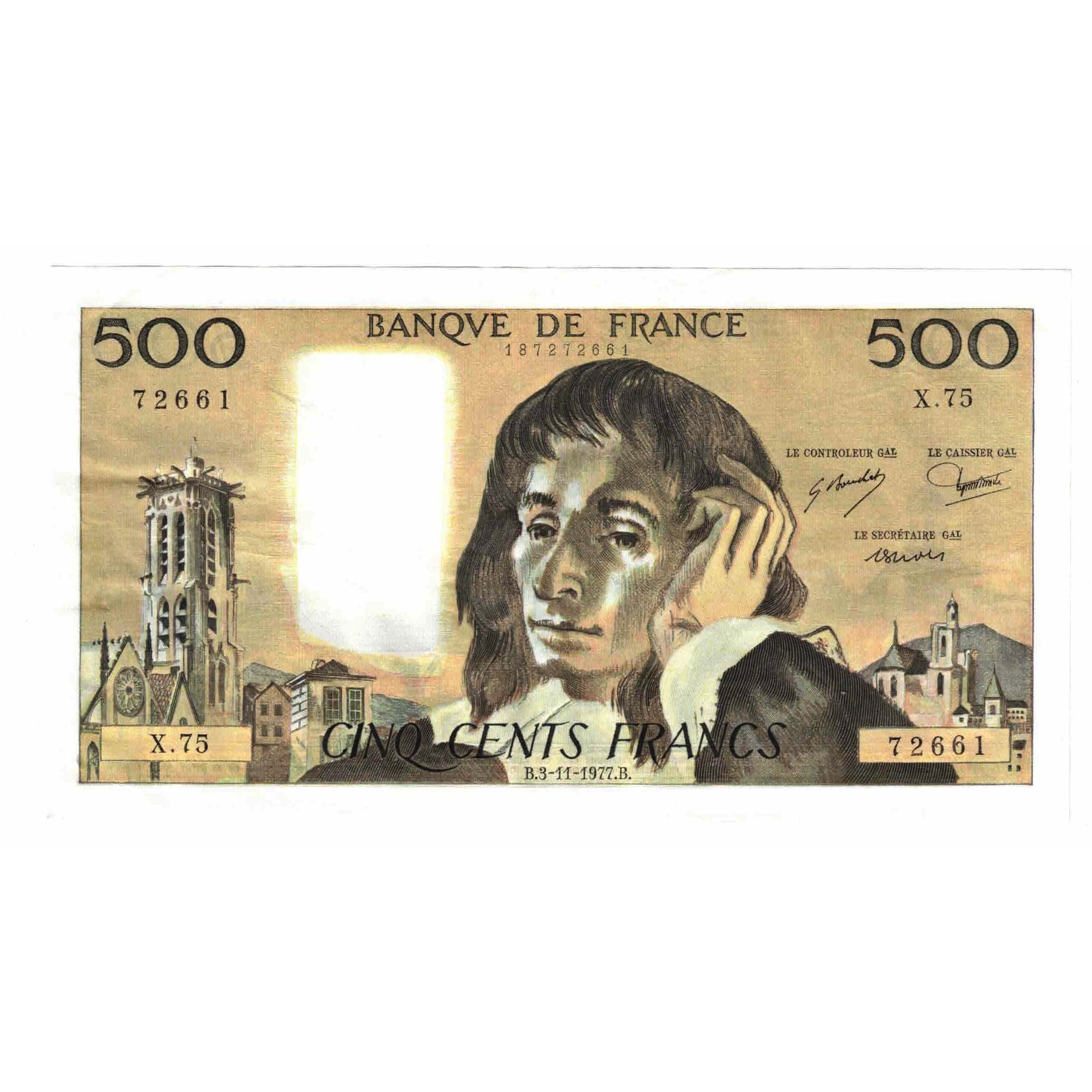 France, 500 Francs, Pascal, 1977, X.75, AU(55-58), Fayette:71.17, KM:156d