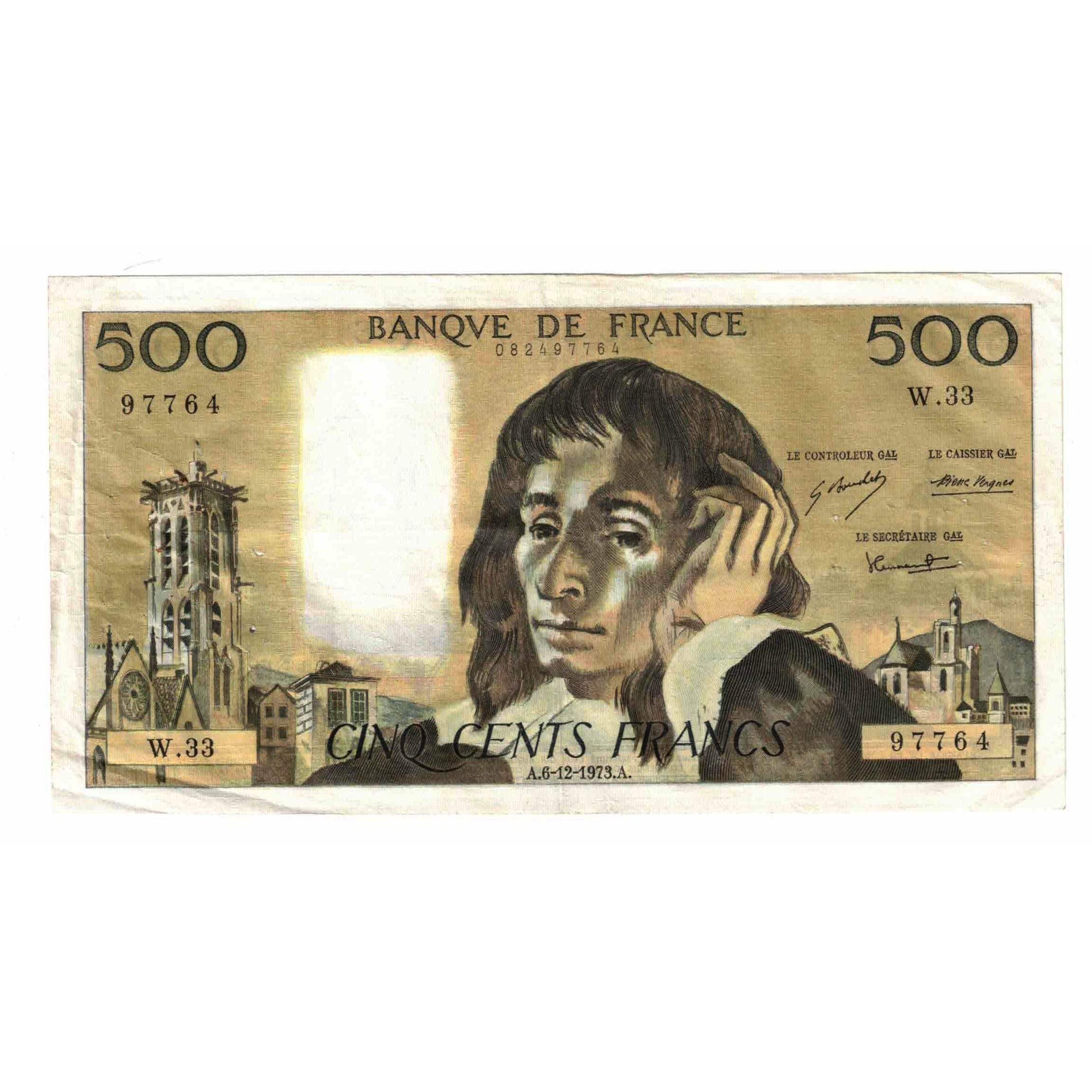 France, 500 Francs, Pascal, 1973, W.33, EF(40-45), Fayette:71.10, KM:156b