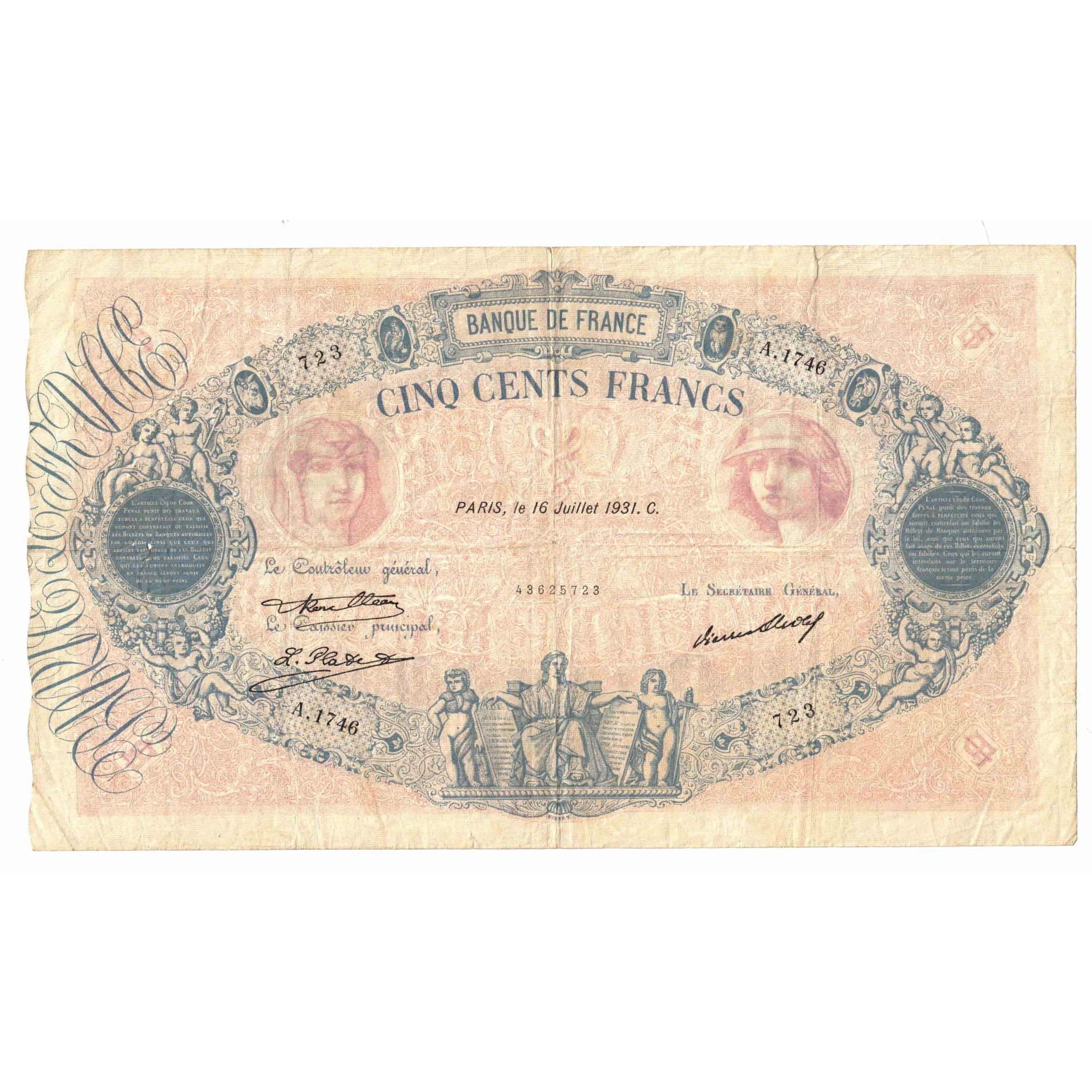 Francia, 500 Francs, Bleu et Rose, 1931, A.1746, MB+, Fayette:30.34, KM:66l