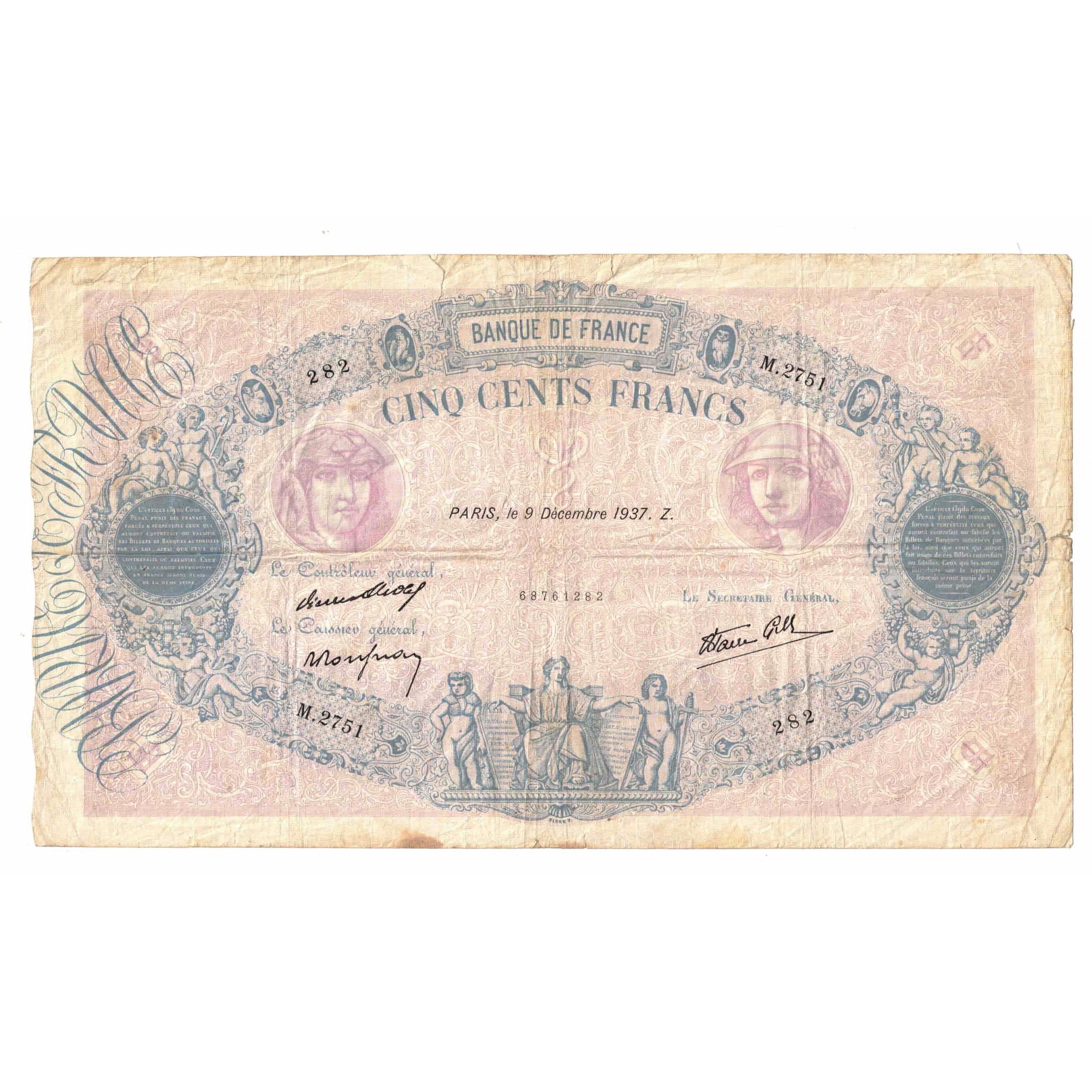 Francia, 500 Francs, Bleu et Rose, 1937, M.2751, MB+, Fayette:31.5, KM:88b