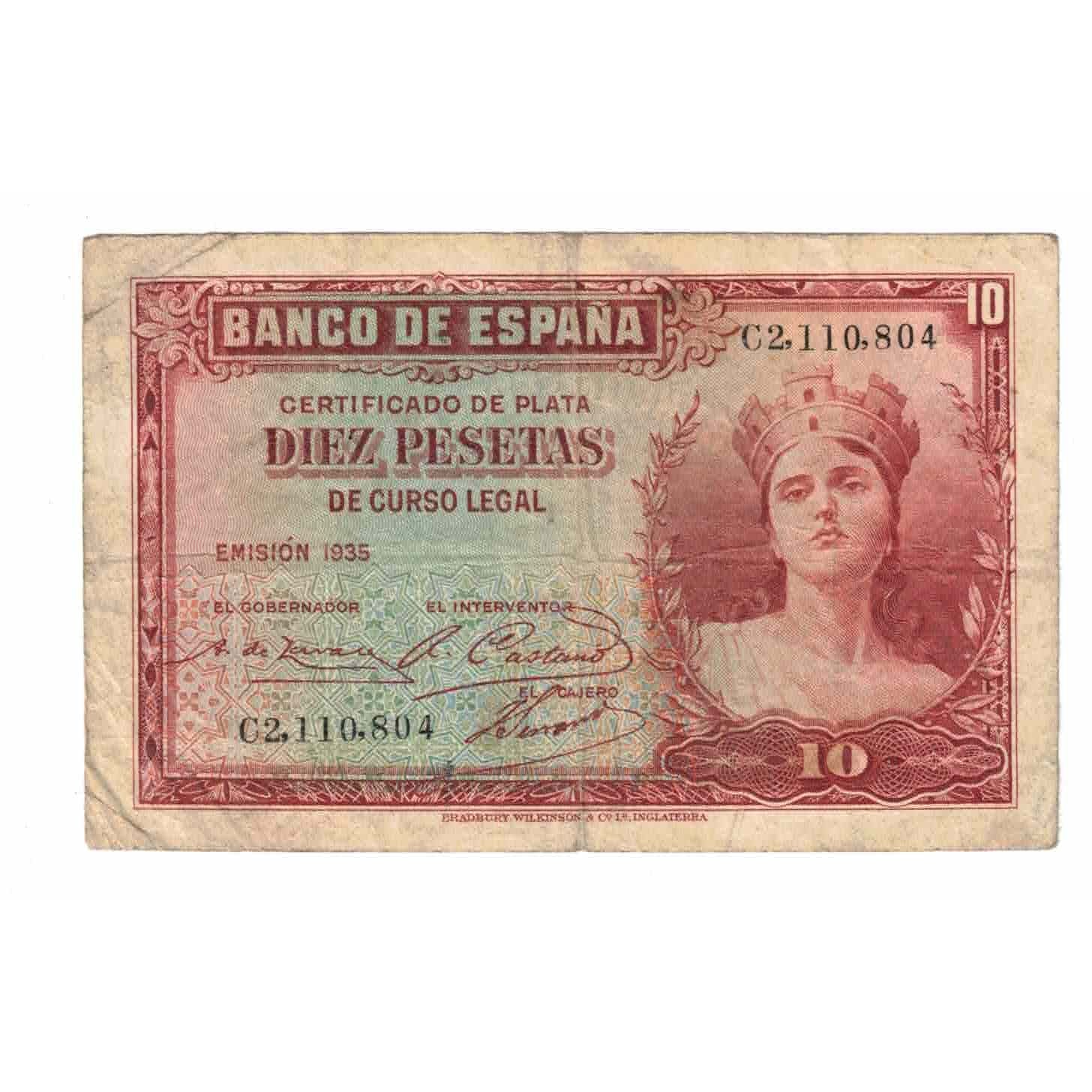 Banconote, Spagna, 10 Pesetas, 1935, KM:86a, MB