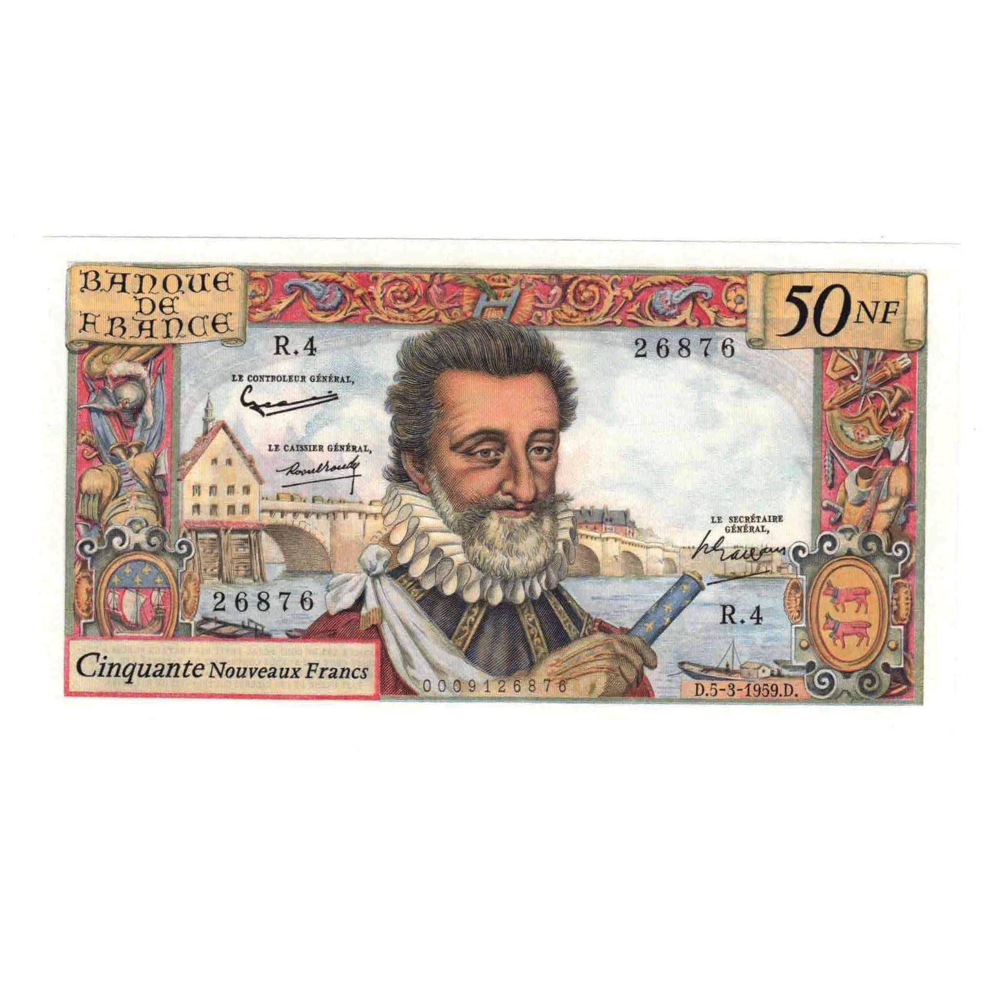 Francja, 50 Nouveaux Francs, Henri IV, 1959, R.4, UNC(65-70), Fayette:58.1