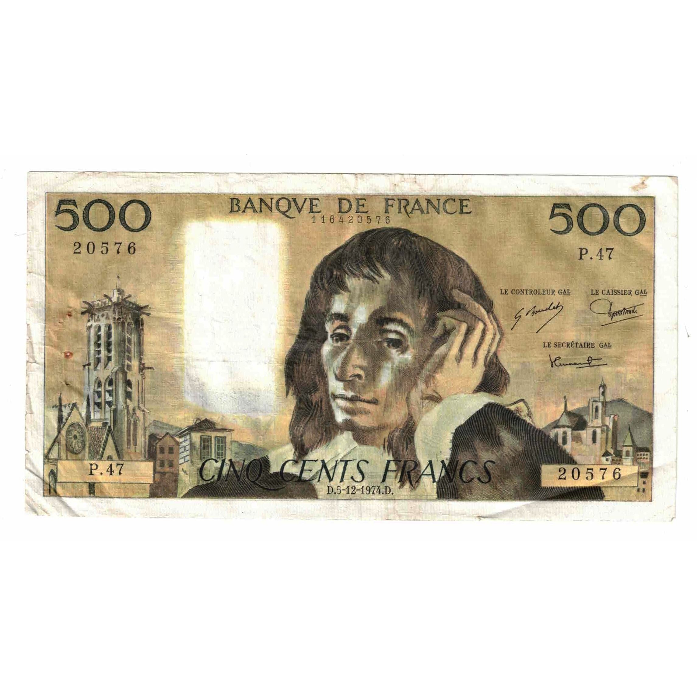 Francia, 500 Francs, Pascal, 1974, P.47, BC+, Fayette:71.12, KM:156c