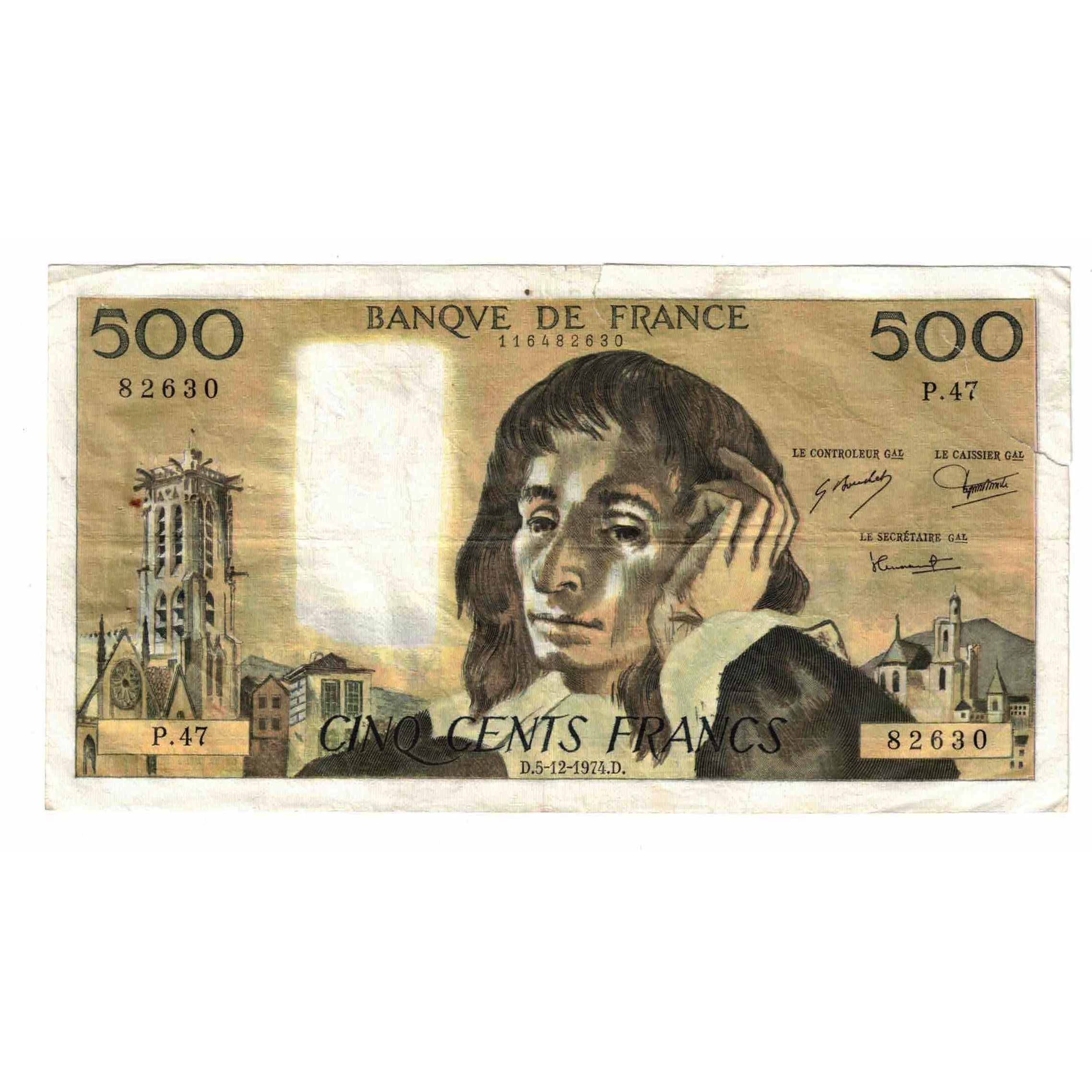 Francia, 500 Francs, Pascal, 1974, P.47, BC+, Fayette:71.12, KM:156c
