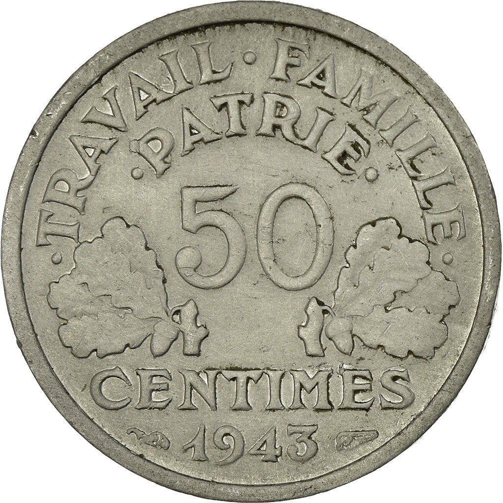Moneda, Francia, Bazor, 50 Centimes, 1943, MBC, Aluminio, KM:914.1, Gadoury:425