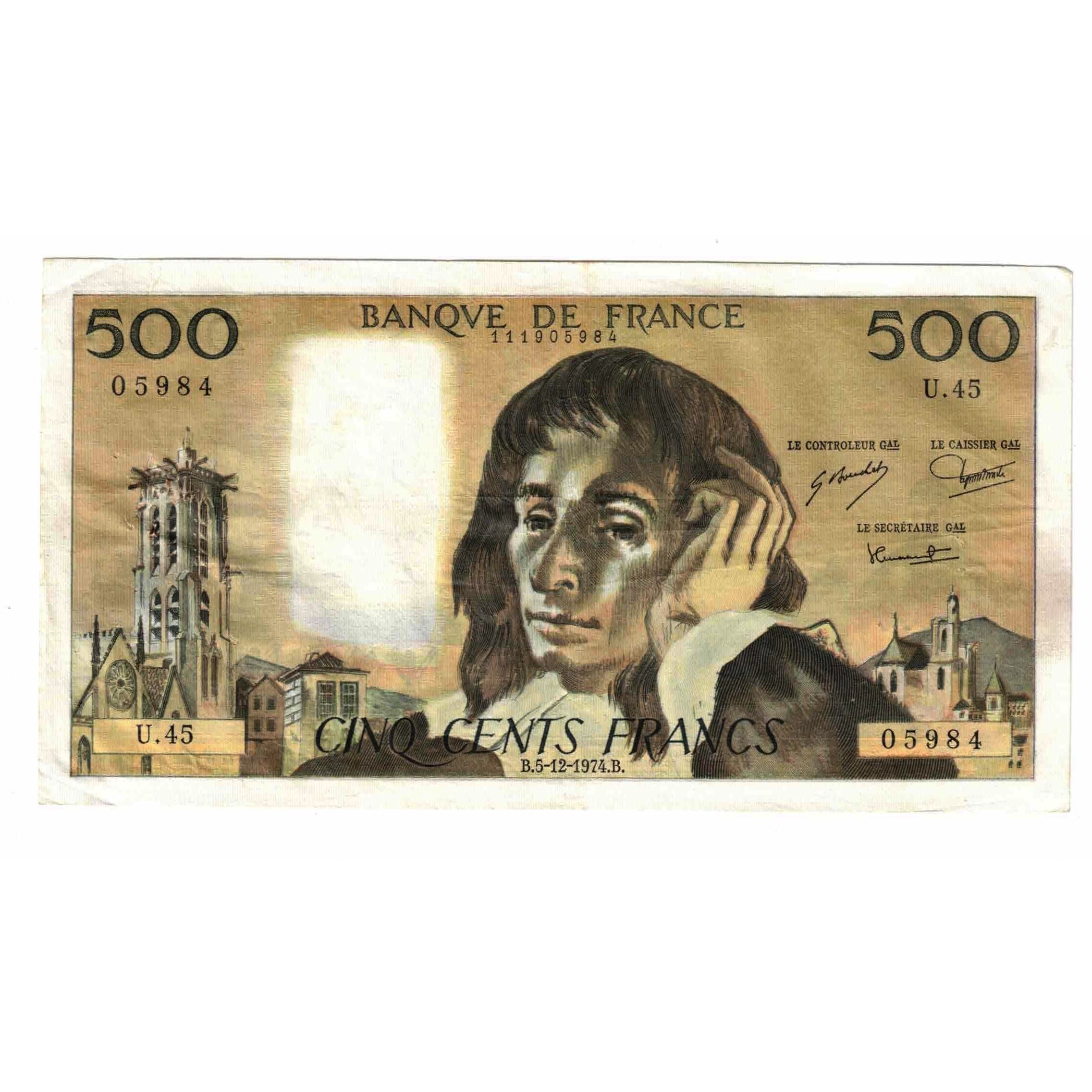 França, 500 Francs, Pascal, 1974, U.45, EF(40-45), Fayette:71.12, KM:156c