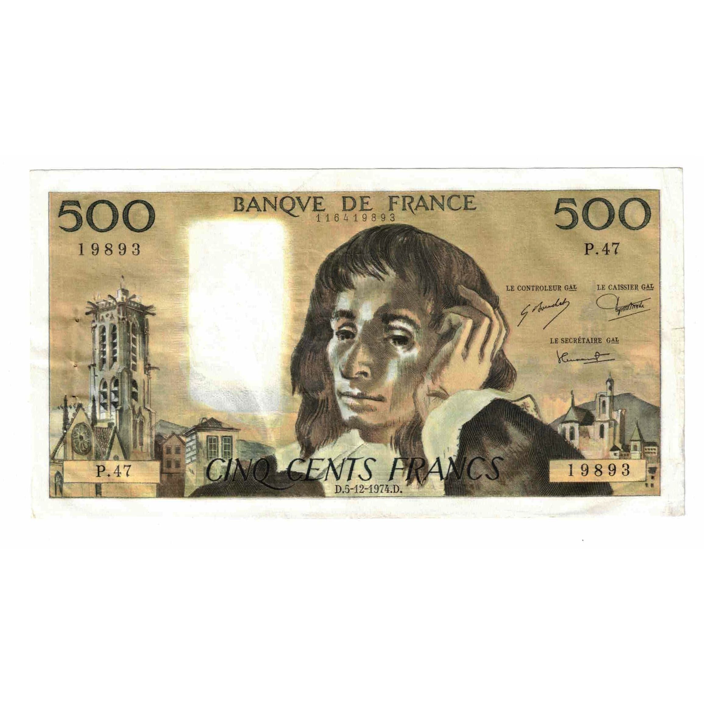 Francia, 500 Francs, Pascal, 1974, P.47, MBC, Fayette:71.12, KM:156c