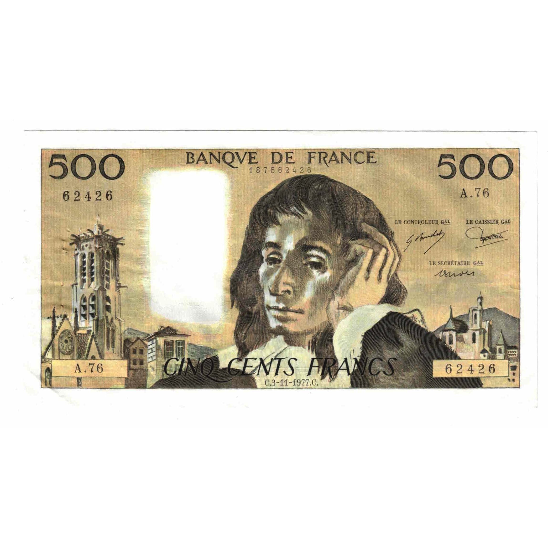 France, 500 Francs, Pascal, 1977, A.76, EF(40-45), Fayette:71.17, KM:156d