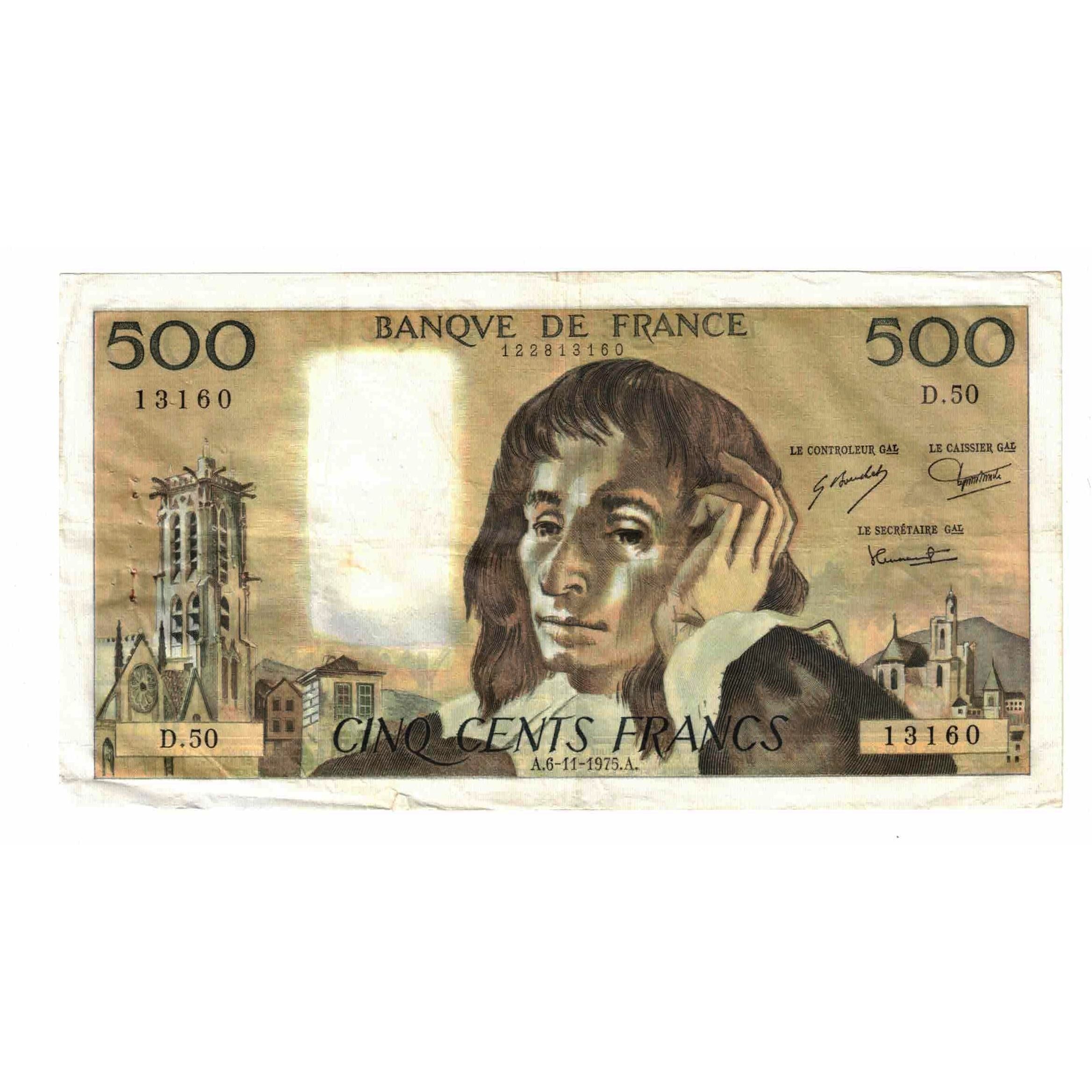 Francia, 500 Francs, Pascal, 1975, D.50, BC+, Fayette:71.13, KM:156c