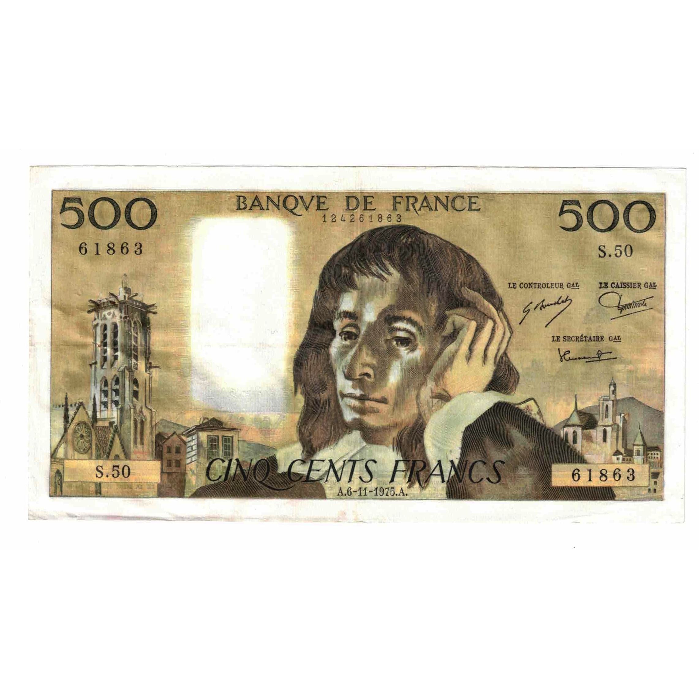 France, 500 Francs, Pascal, 1975, S.50, EF(40-45), Fayette:71.13, KM:156c