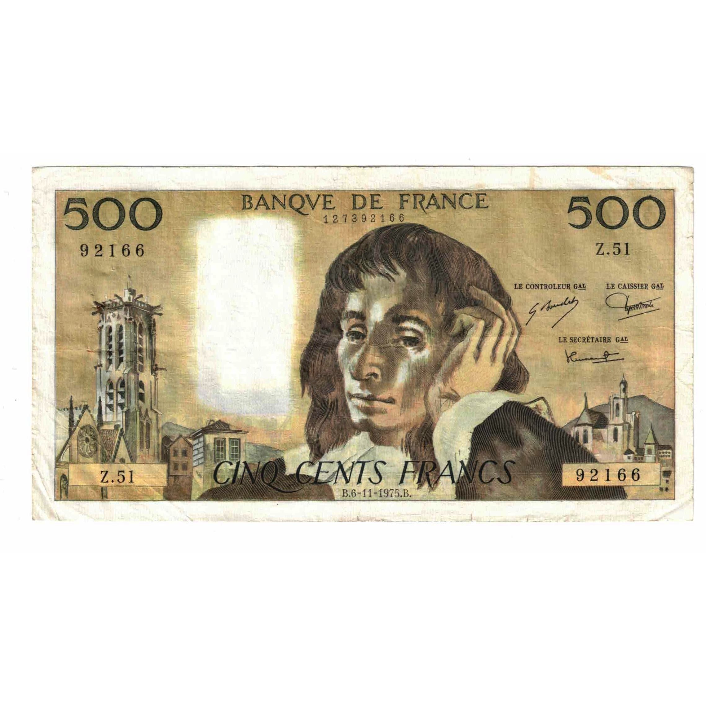 Francia, 500 Francs, Pascal, 1975, Z.51, BC+, Fayette:71.13, KM:156c