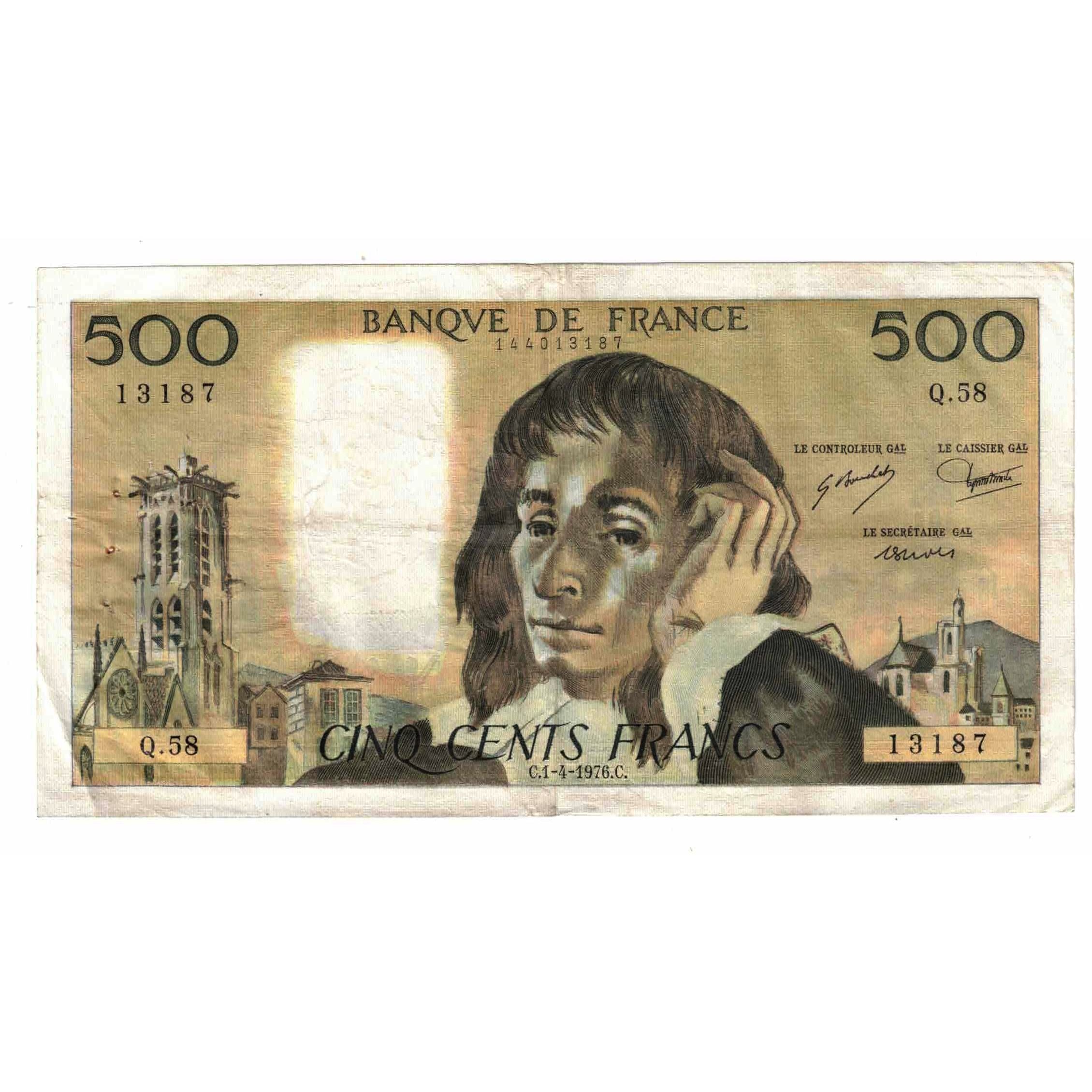 Francja, 500 Francs, Pascal, 1976, Q.58, EF(40-45), Fayette:71.14, KM:156d