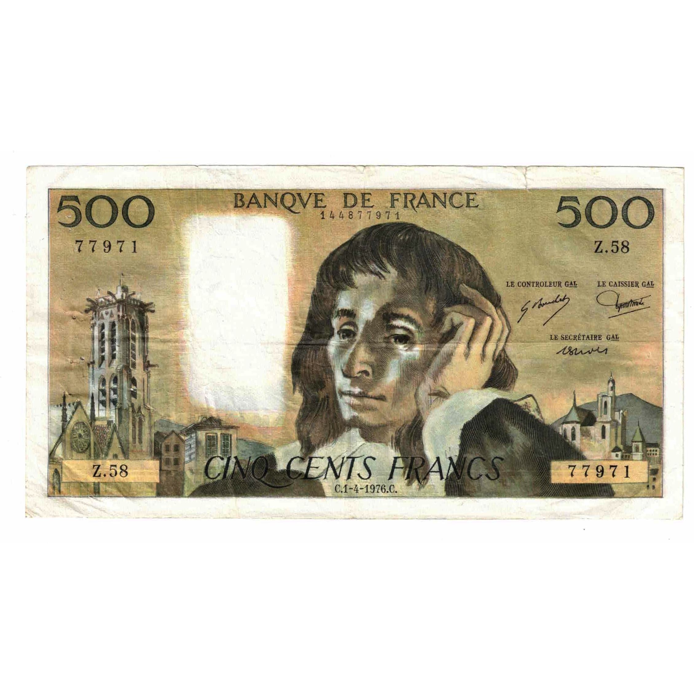Francia, 500 Francs, Pascal, 1976, Z.58, BC+, Fayette:71.14, KM:156d