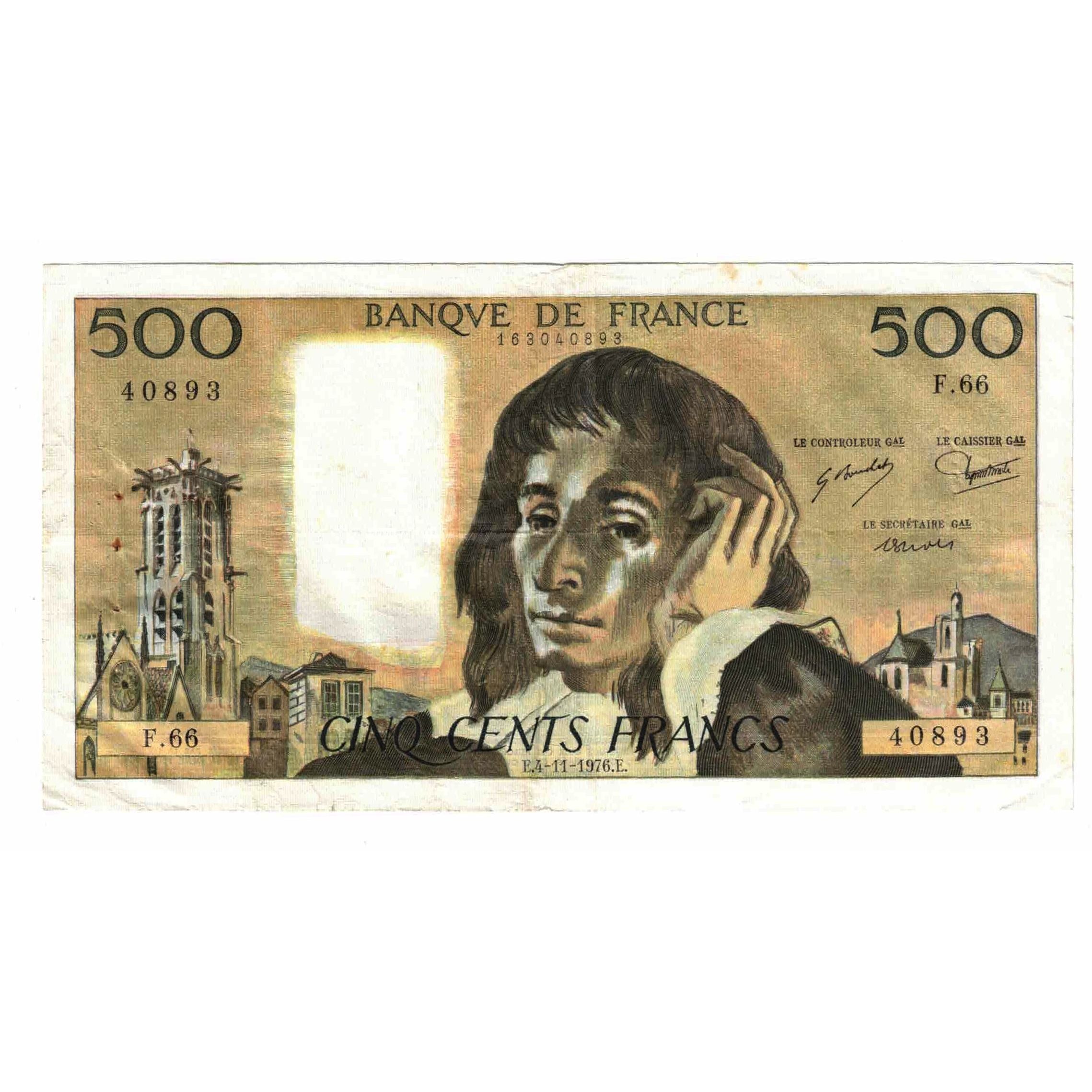 Francia, 500 Francs, Pascal, 1976, F.66, BC+, Fayette:71.15, KM:156d