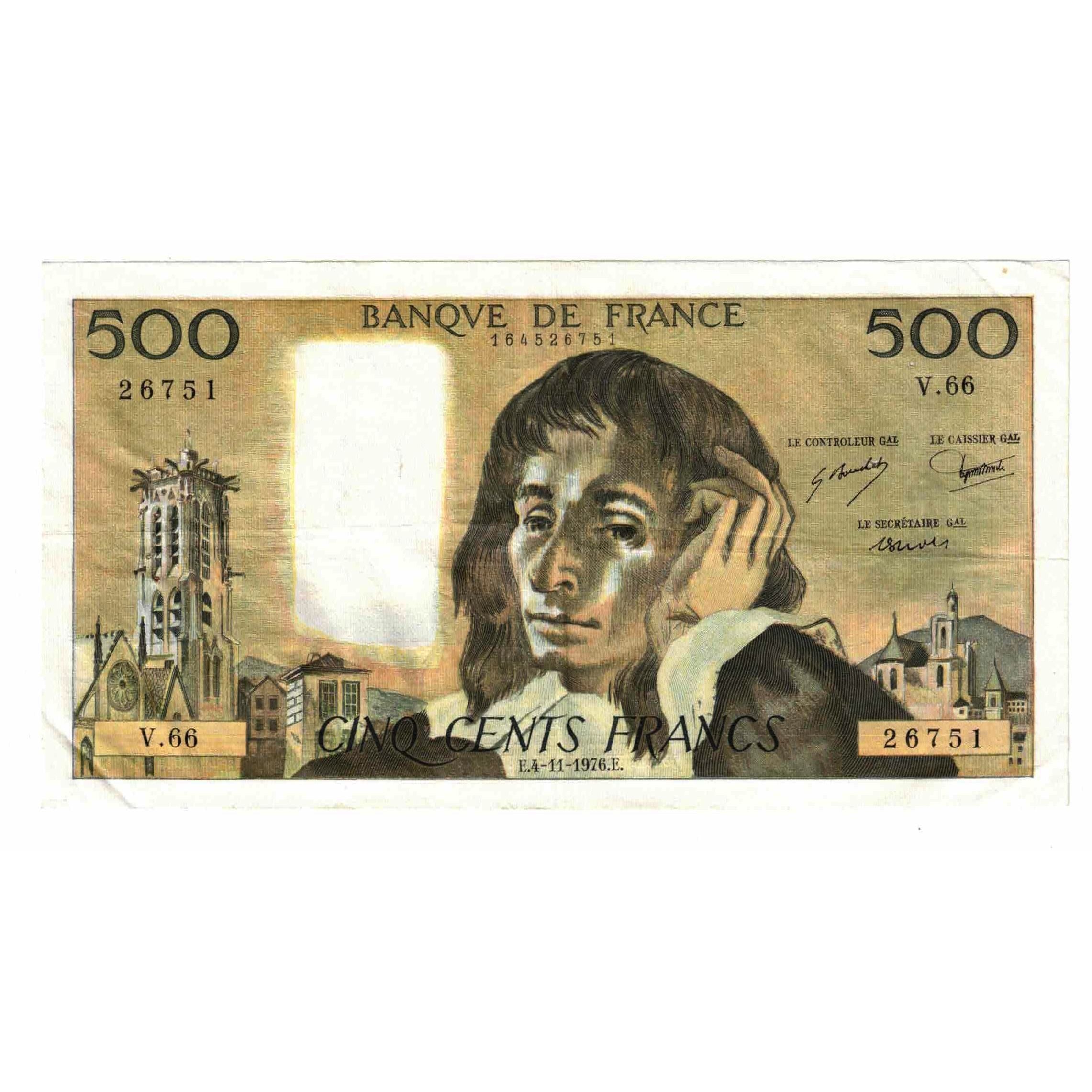 França, 500 Francs, Pascal, 1976, V.66, EF(40-45), Fayette:71.15, KM:156d