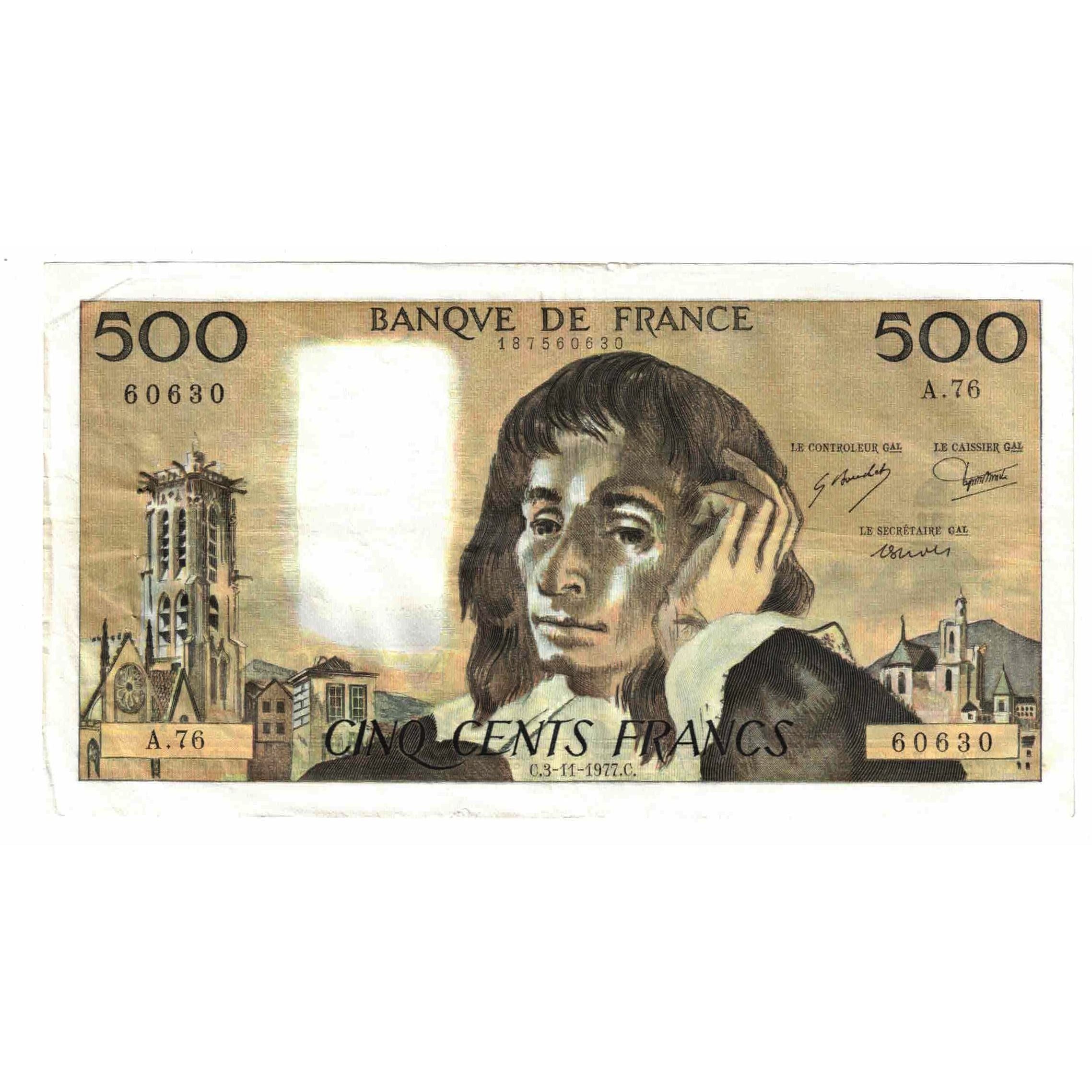 Francia, 500 Francs, Pascal, 1977, A.76, MBC, Fayette:71.17, KM:156d