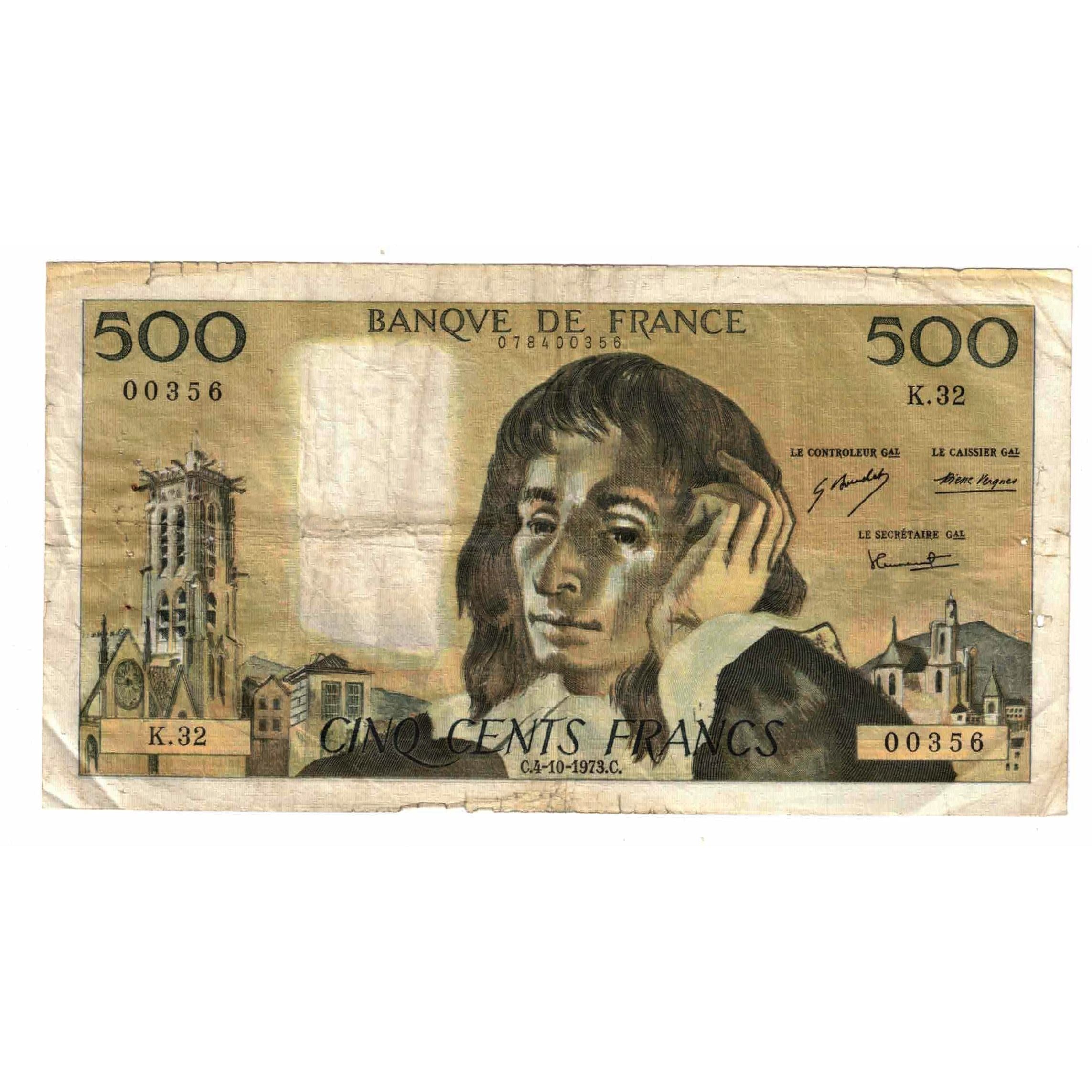 France, 500 Francs, Pascal, 1973, K.32, B, Fayette:71.9, KM:156b