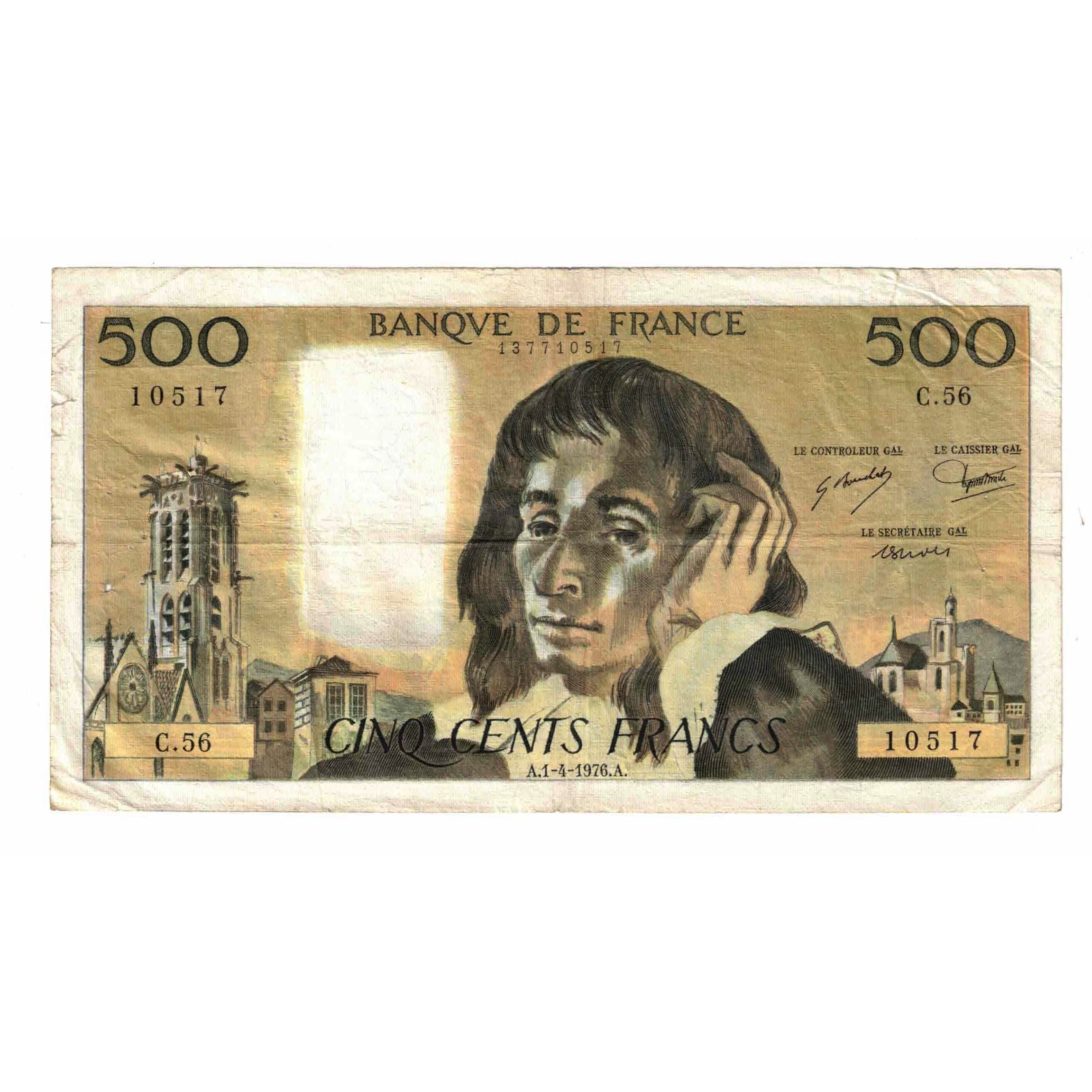 France, 500 Francs, Pascal, 1976, C.56, VF(20-25), Fayette:71.14, KM:156d