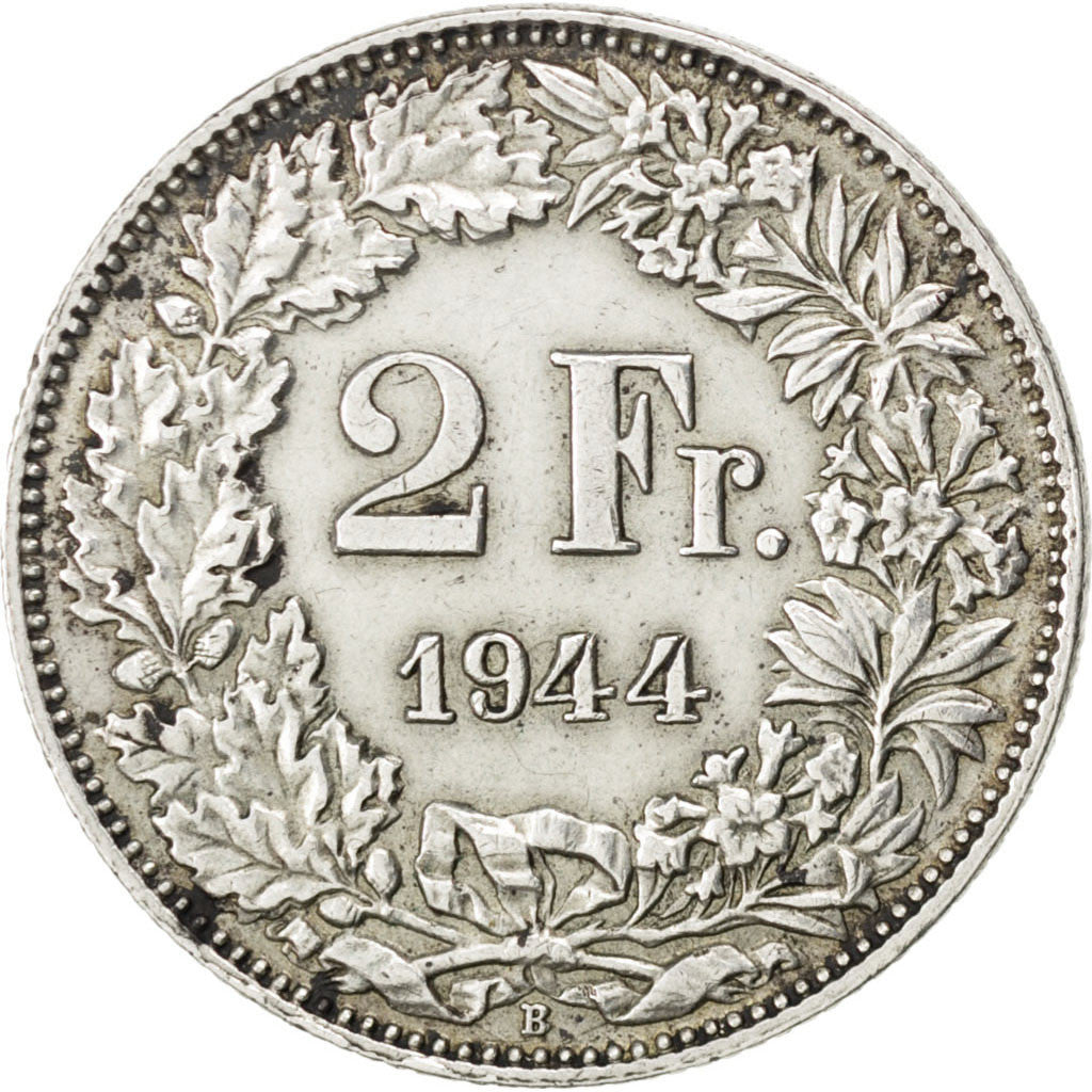 Coin, Switzerland, 2 Francs, 1944, Bern, AU(55-58), Silver, KM:21