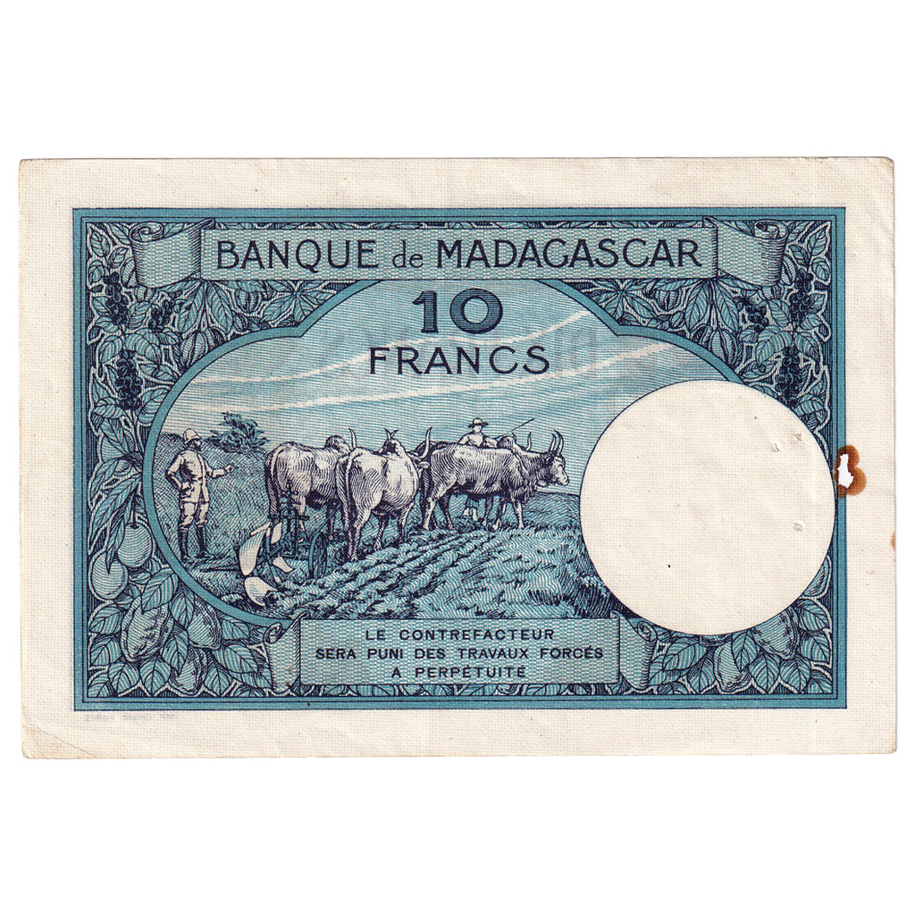 Banknote, Madagascar, 10 Francs, 1937-1947, KM:36, AU(50-53)