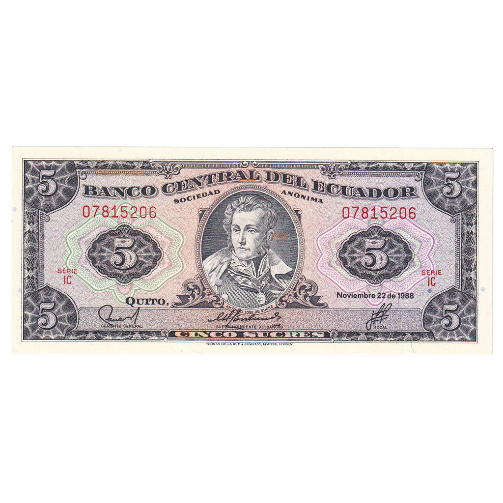 Banknot, Ekwador, 5 Sucres, 1988, 1988-11-22, KM:113d, UNC(65-70)