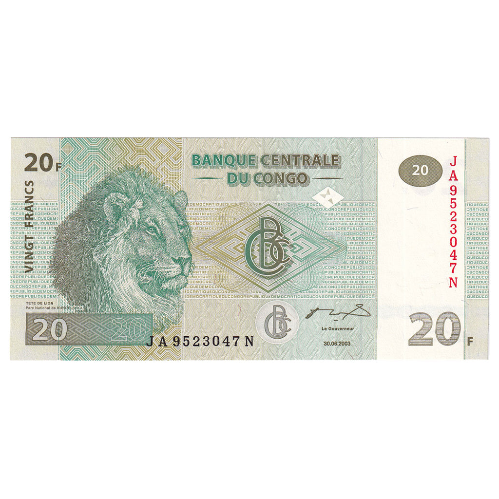 Nota, República Democrática do Congo, 20 Francs, 2003, 2003-06-30, KM:94a