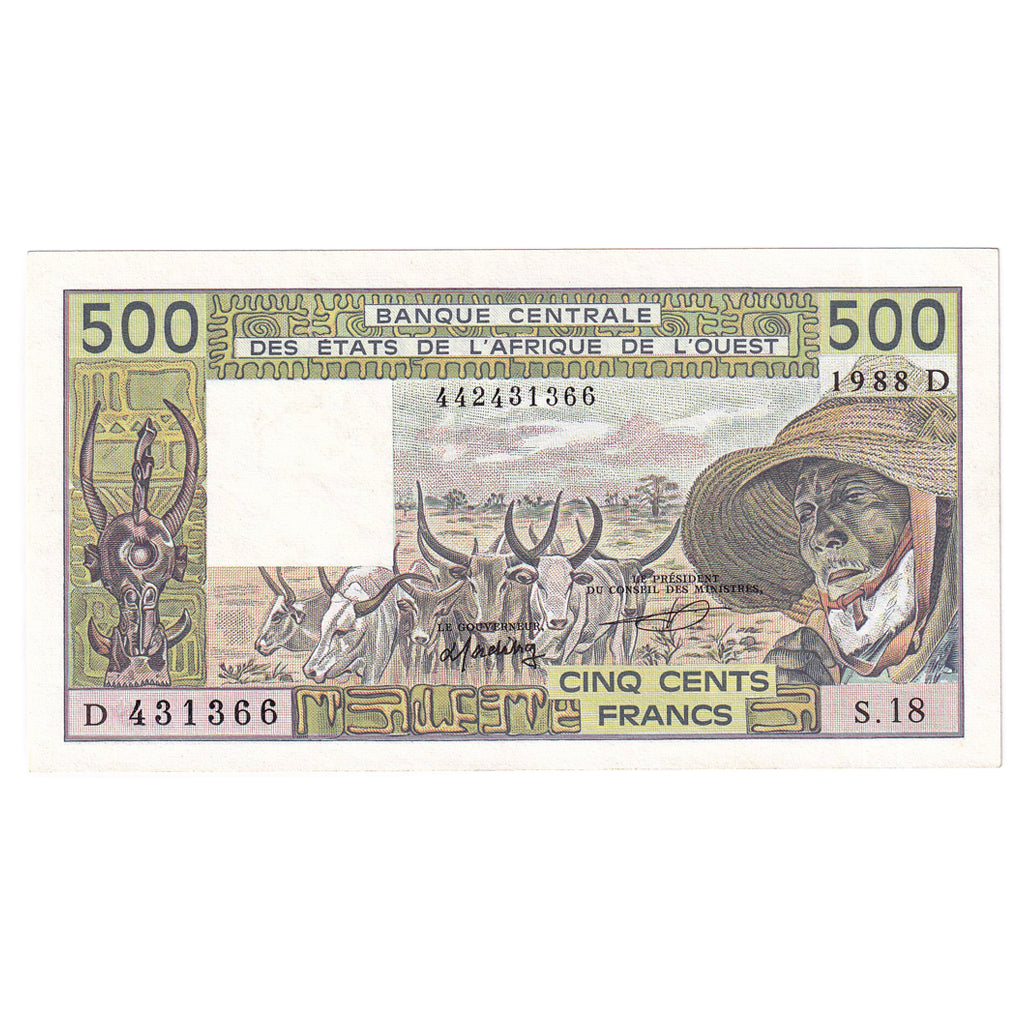 Biljet, West Afrikaanse Staten, 500 Francs, 1988, KM:405Da, NIEUW