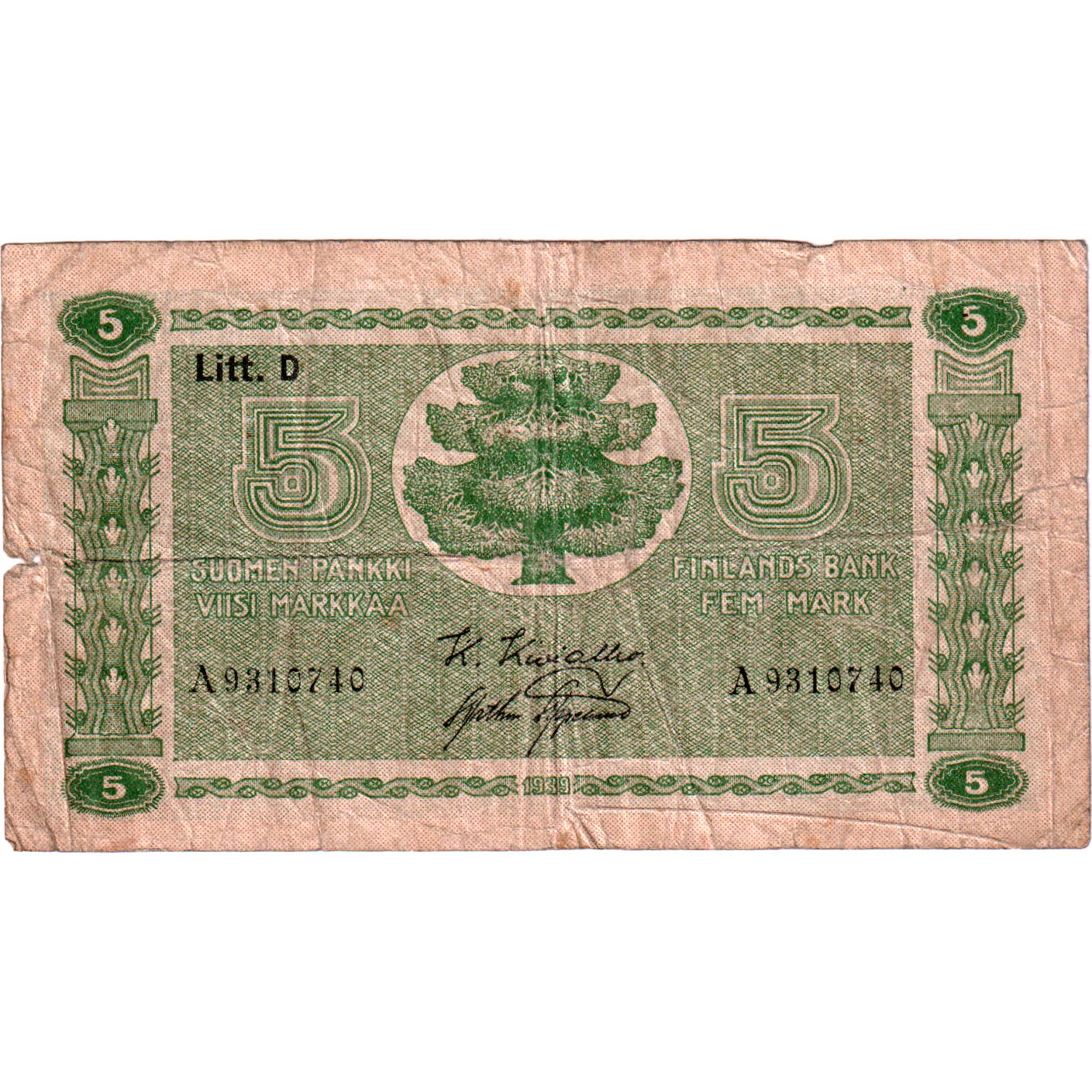 Banknote, Finland, 5 Markkaa, 1939, KM:69a, VG(8-10)